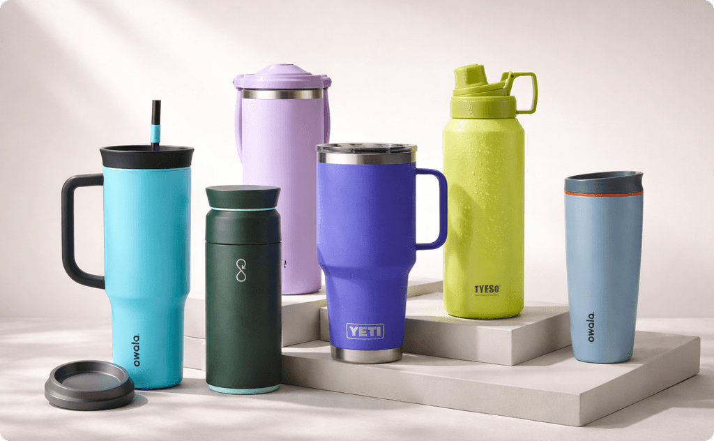 Six tumblers with various sizes from different brands.