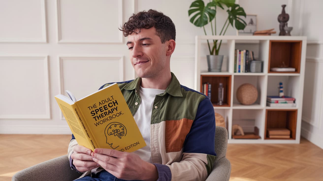Young man reading a book titled 'The Adult Speech Therapy Workbook,' promoting stuttering awareness and therapy.