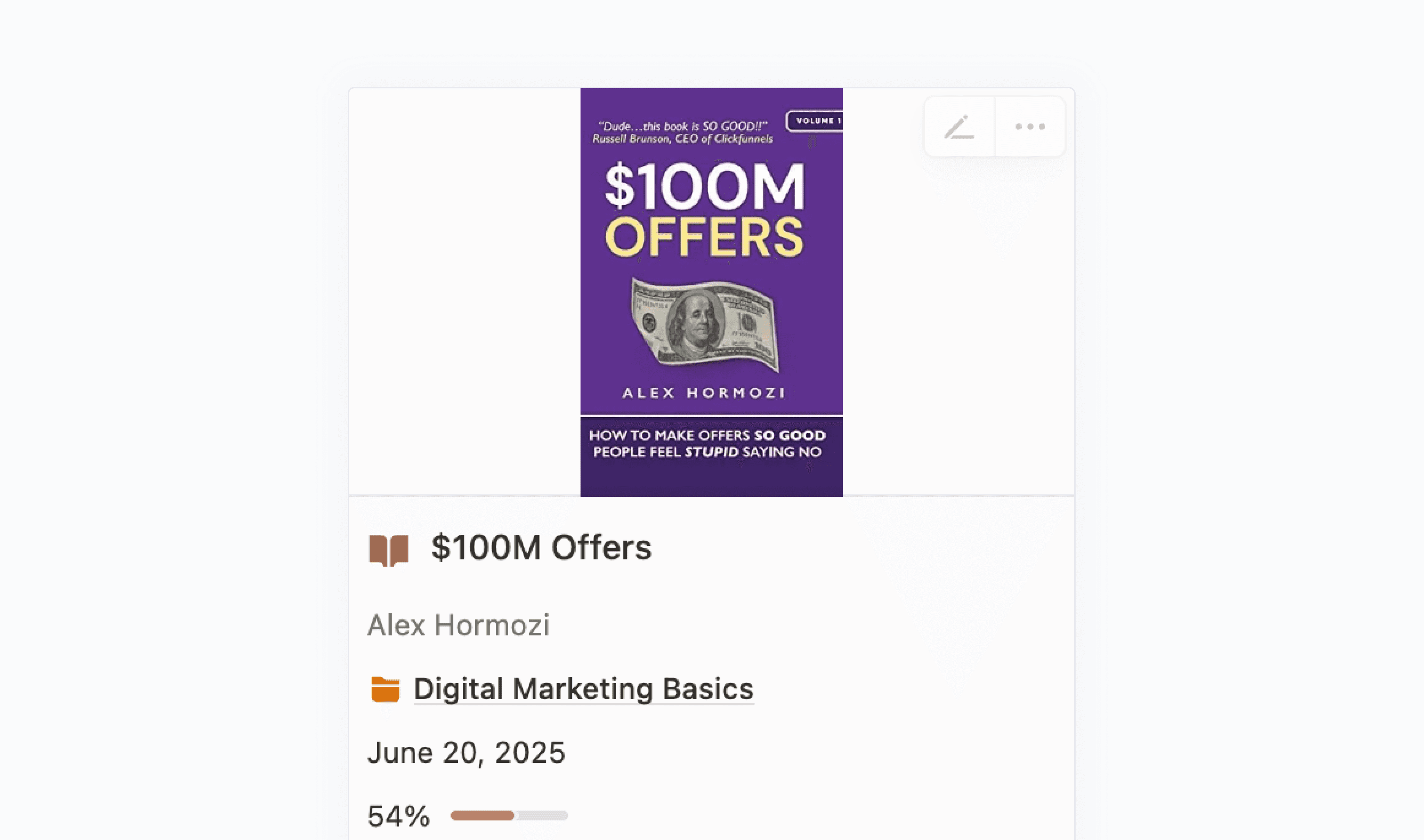 A card showing the details of a book to read