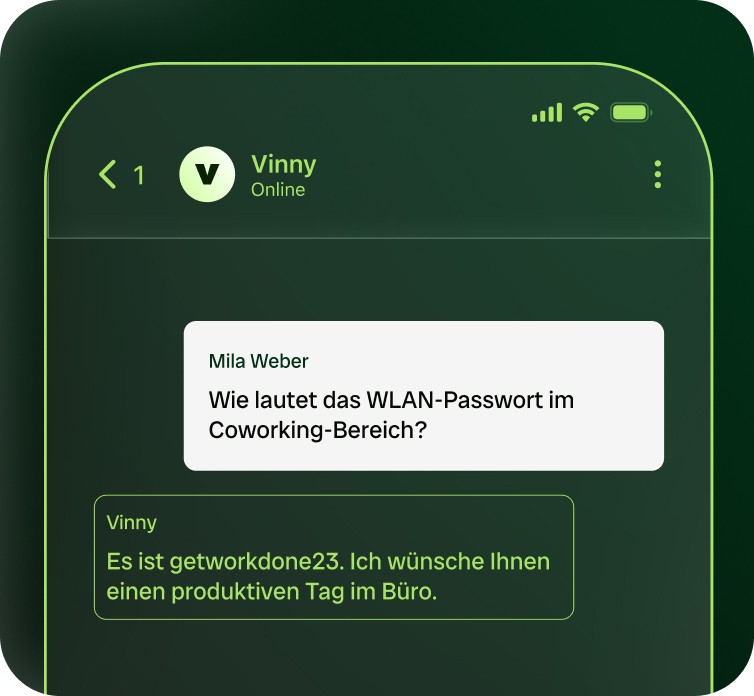 Chat interface showing a message from Mila Weber asking in German, ‘Wie lautet das WLAN-Passwort im Coworking-Bereich?’ Vinny replies in German with the Wi-Fi password and a polite message. A black banner at the bottom displays a flag icon and the text ‘German Detected’ on a green gradient background.