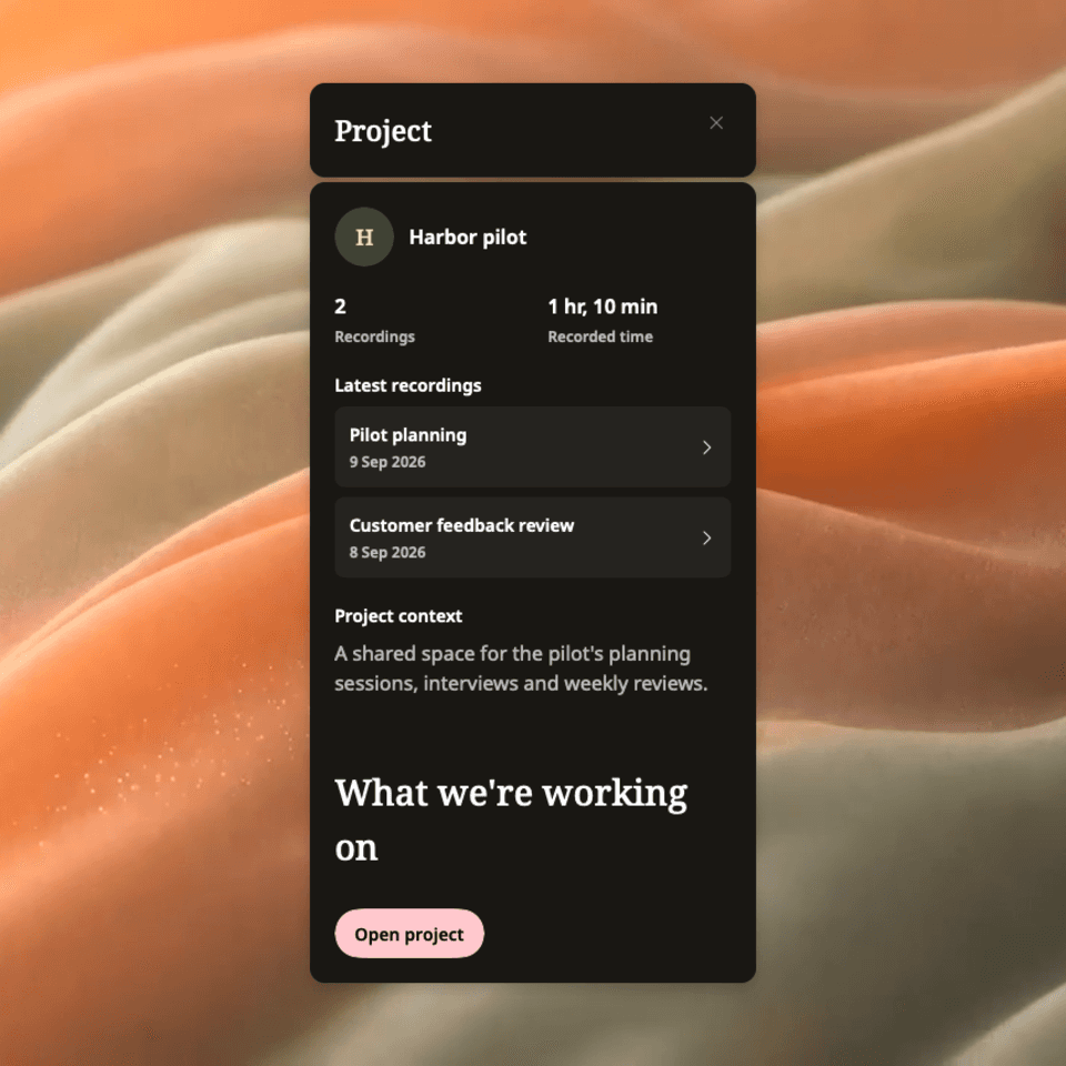 Weeve’s native project source panel shows two synthetic Harbor pilot recordings and their project context.