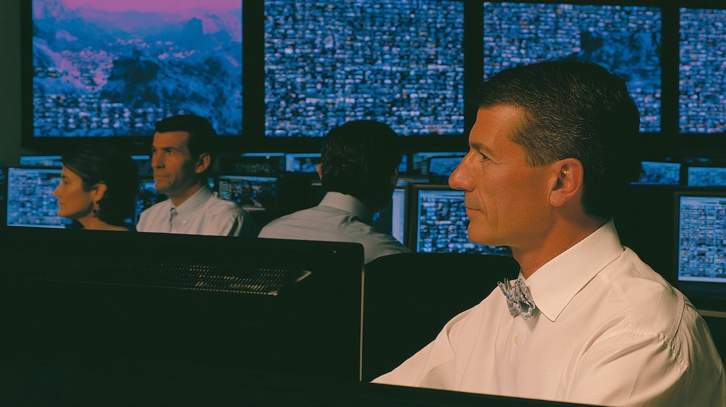 A modern collections control room monitors a large volume of simultaneous outbound customer interactions, several specialists supervise exceptions while routine conversations run automatically