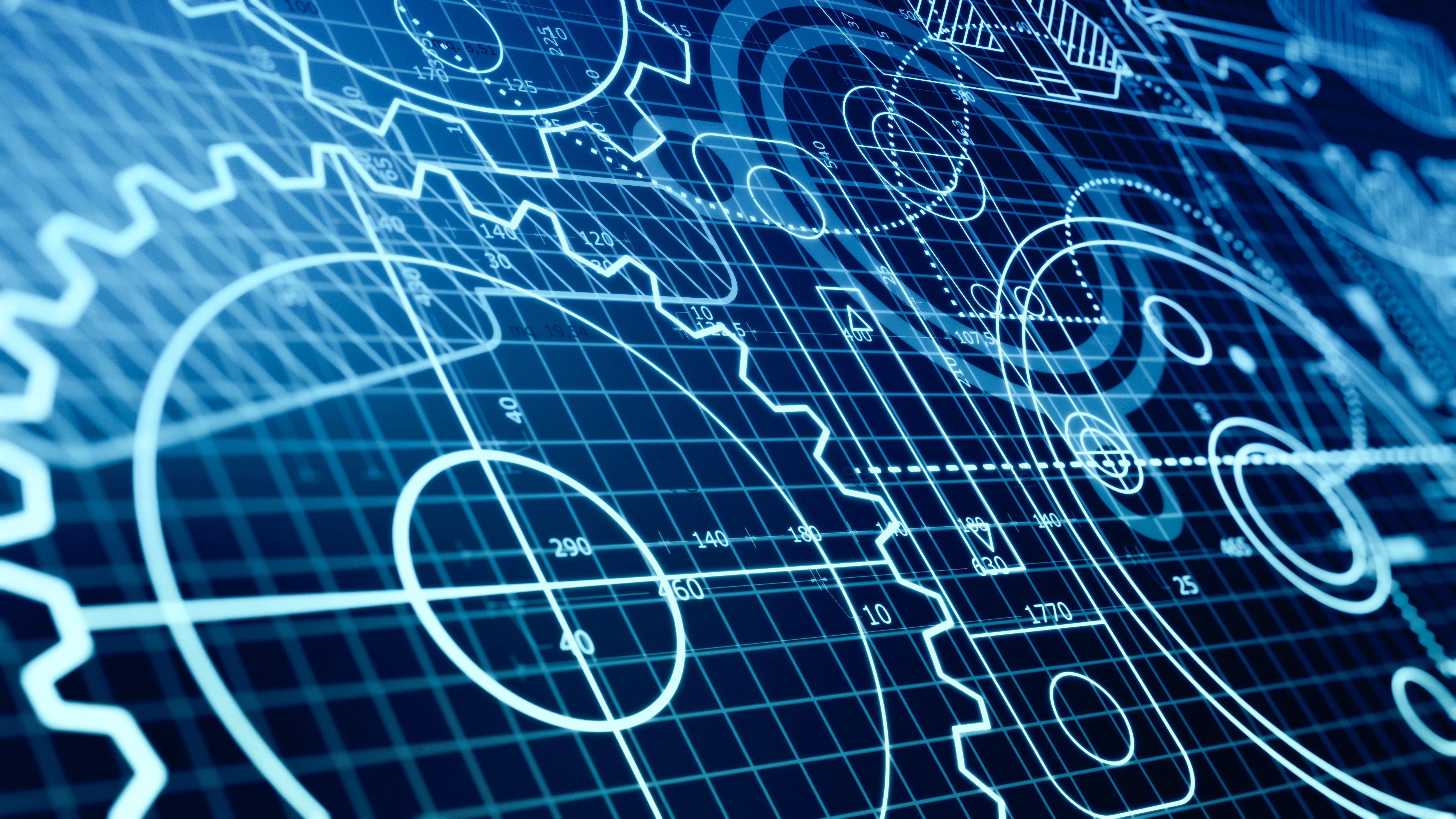 Technische Konstruktionszeichnungen und -schemata auf einem digitalen Bauplan, die das Produktdesign und die Entwicklung mit kontrollierten Designprozessen, Rückverfolgbarkeit und verwalteten Designänderungen darstellen.