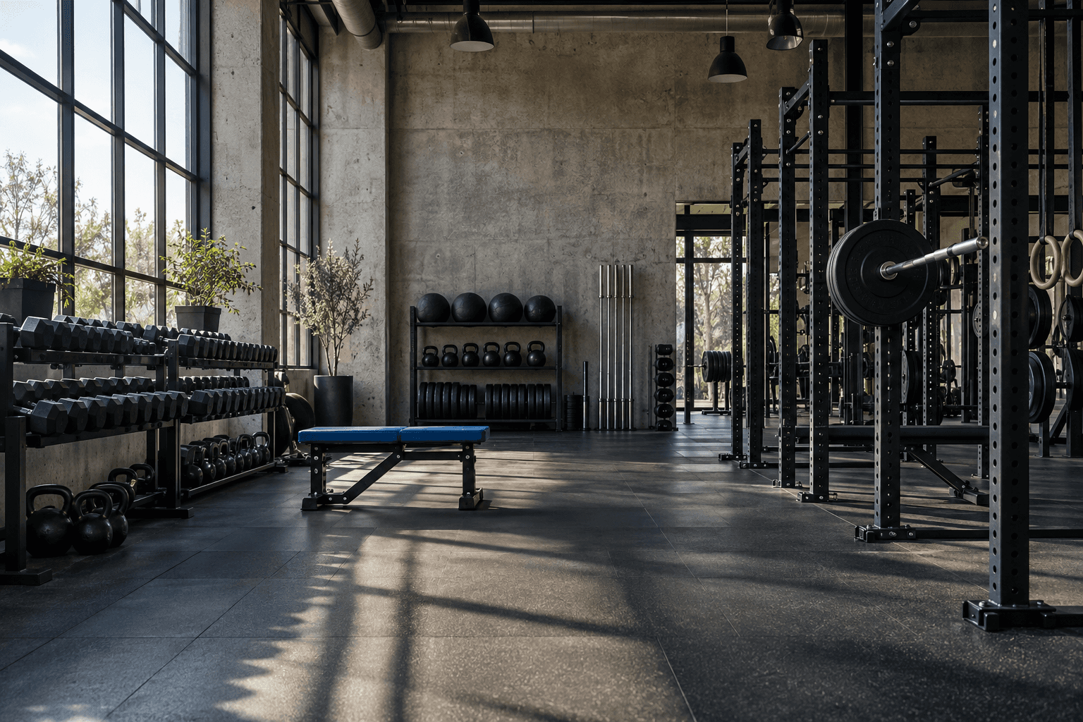 Sunlit strength studio with racks and free weights