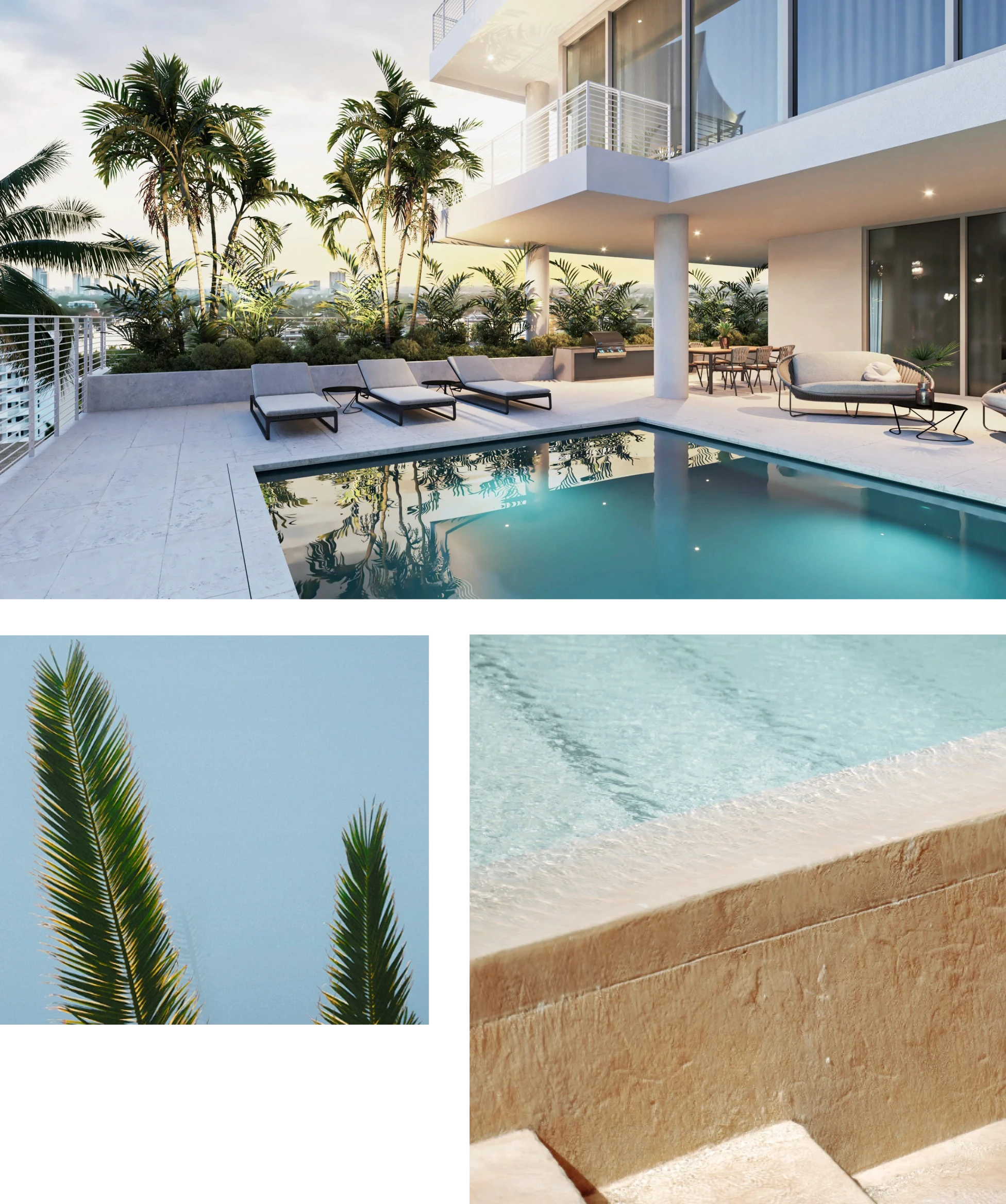 A collage featuring a pool, palm trees, and a house, showcasing a tropical and relaxing outdoor setting.