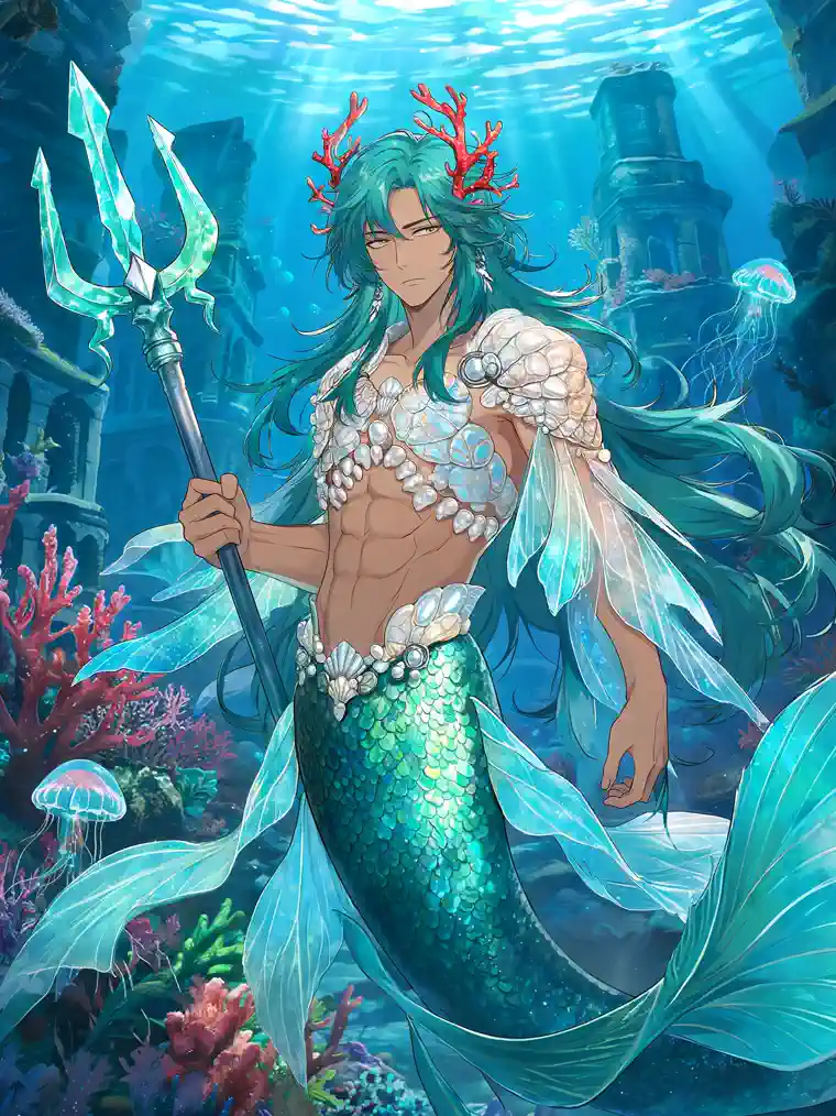 anime mermaid character generator with turquoise hair, trident, and underwater fantasy ruins