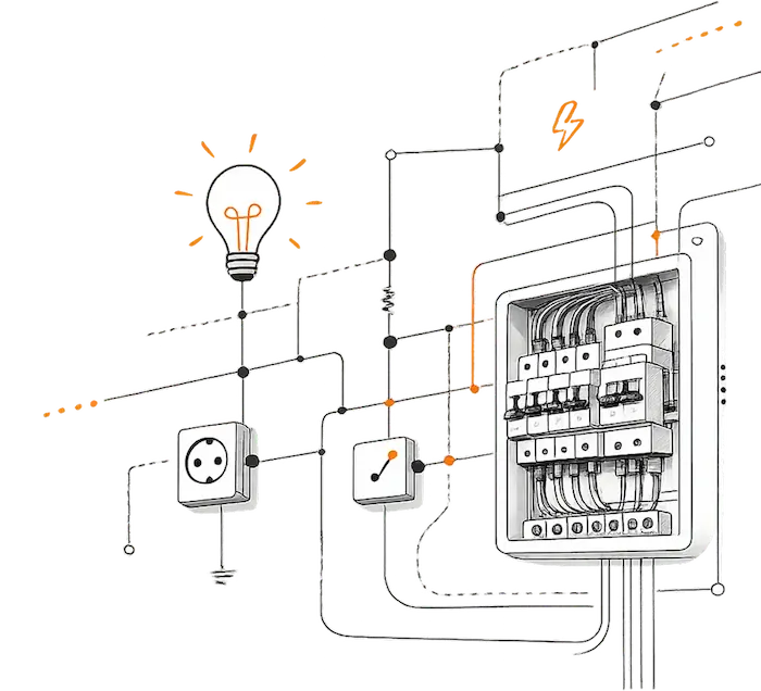 Ilustrace elektrického rozvaděče propojeného zásuvkami, vypínači a světelnými prvky pomocí elektrických obvodů.