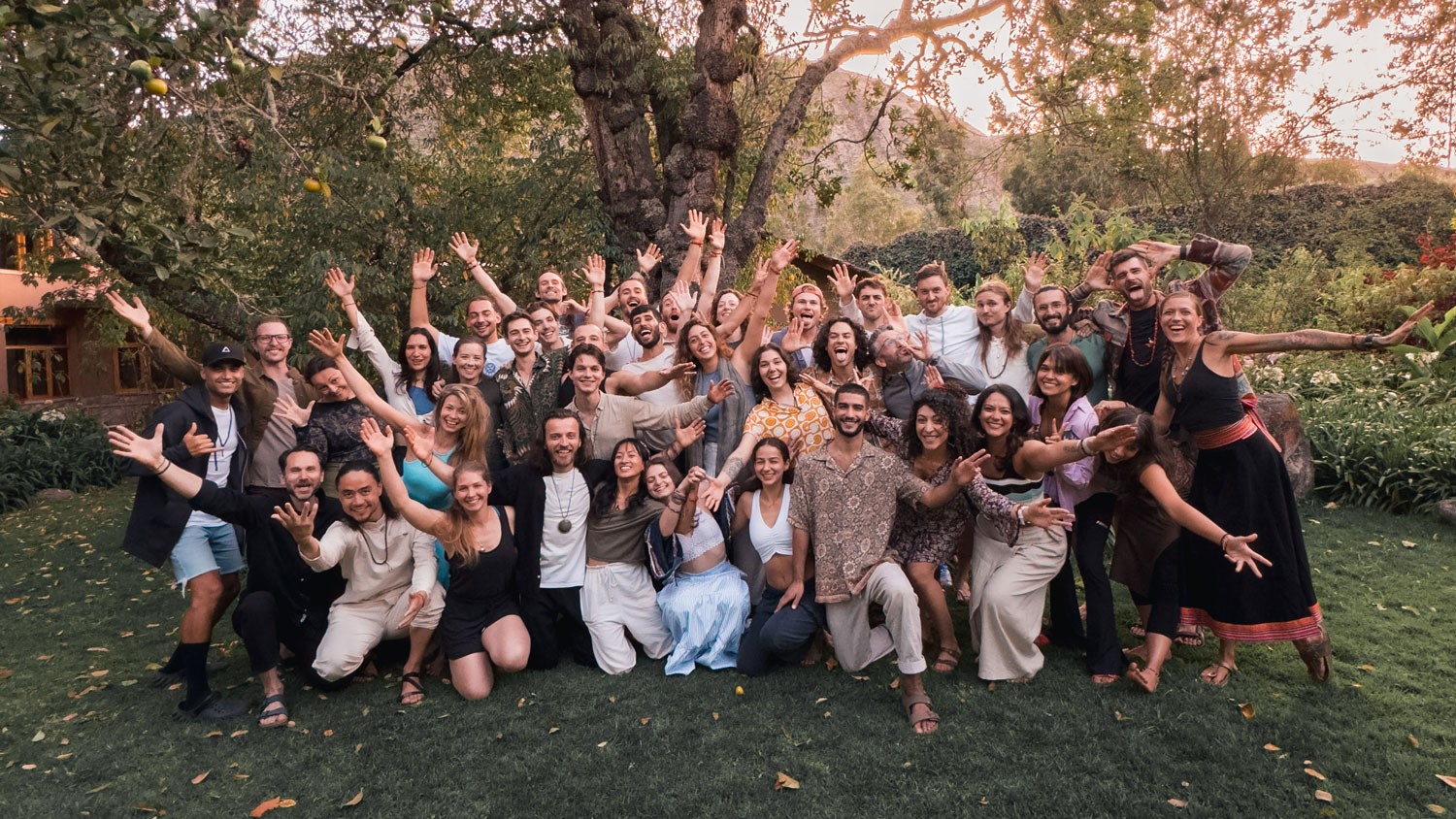A large group of yoga teacher students pose joyfully on a lush green lawn, with arms raised and wide smiles, against a serene background of trees and soft sunlight.
