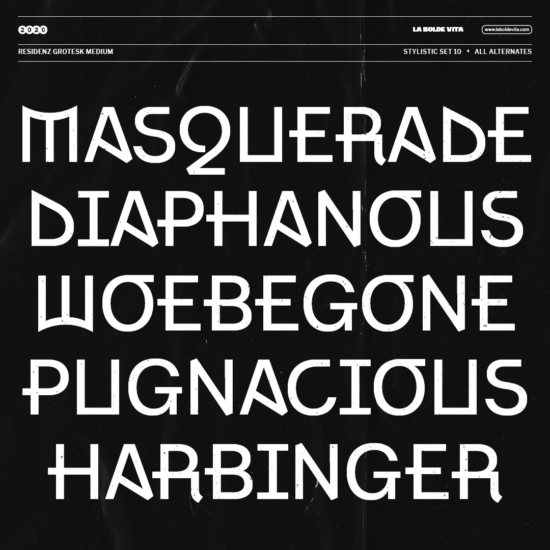 a simple type specimen showing uppercase text with full alternates from Residenz Grotesk activated 