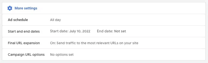 Screenshot Google Performance Max. Einstellungen zum Zeitplan für die Werbekampagne