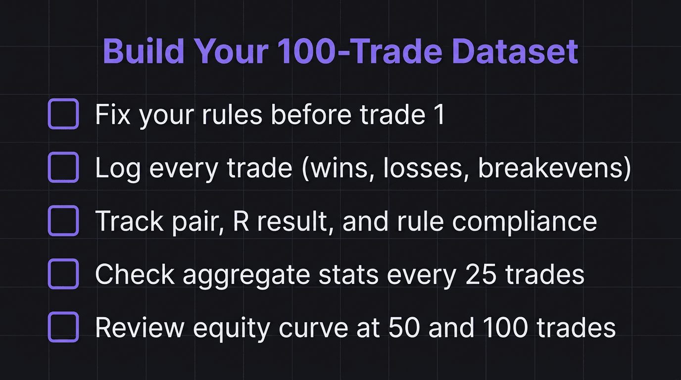 Checklist showing the five steps to build a 100-trade dataset for evaluating a trading strategy