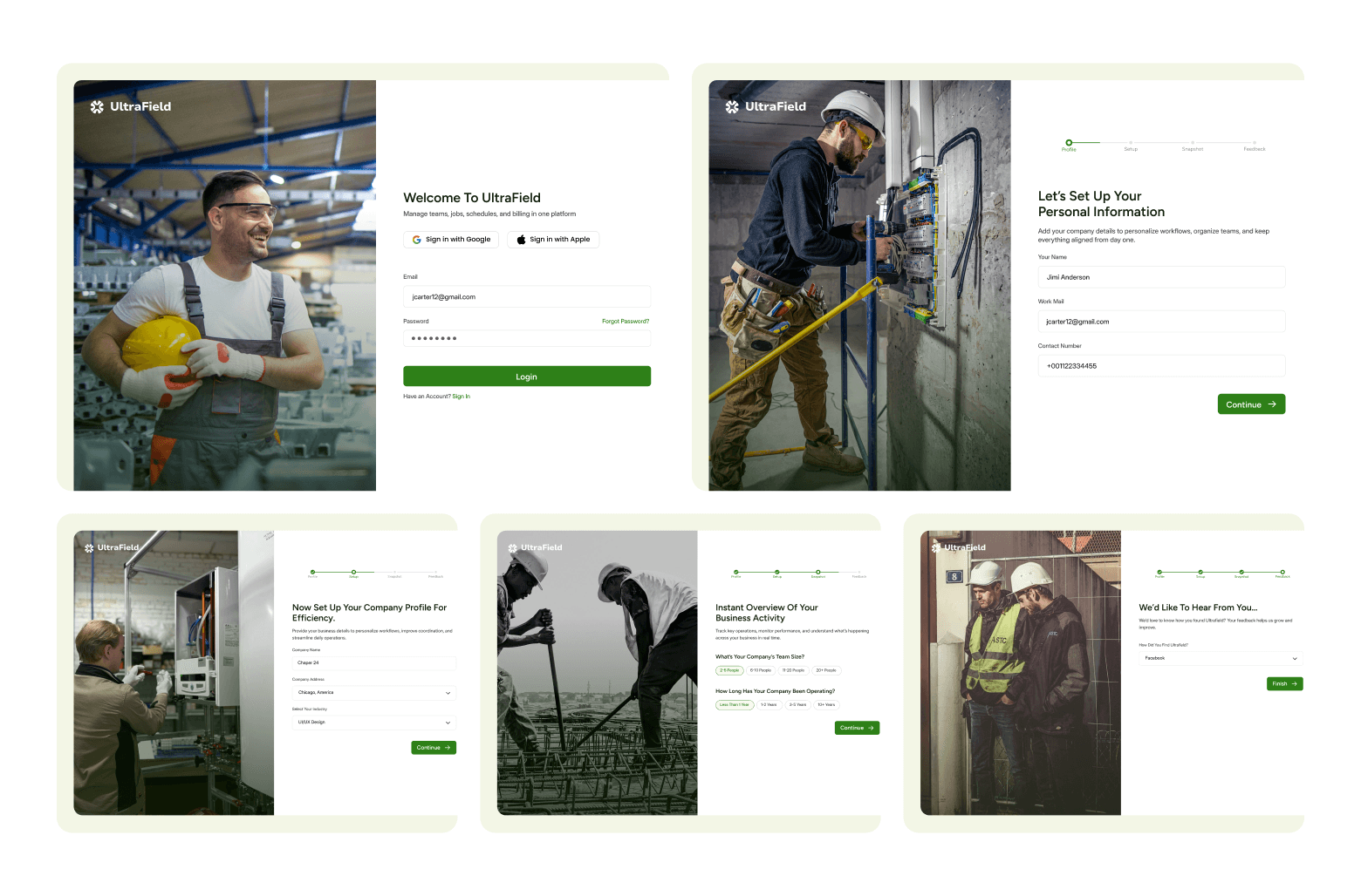 UltraField onboarding screens showing login, profile setup, and company details
