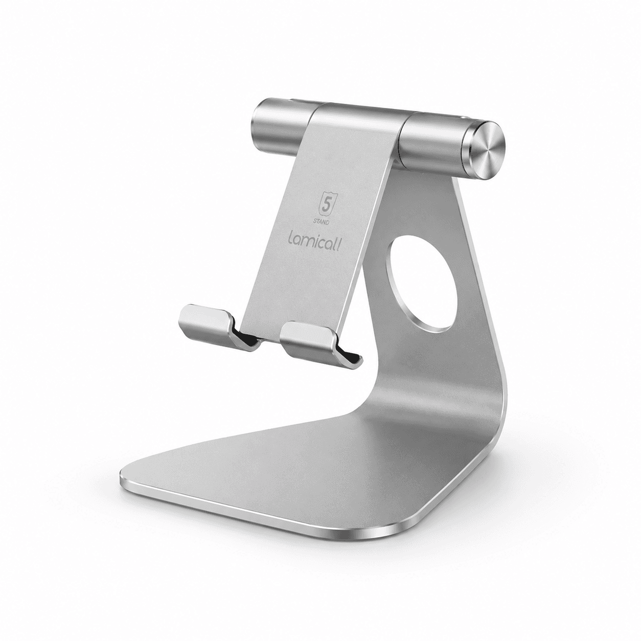 Silver adjustable tablet POS stand, front angled view