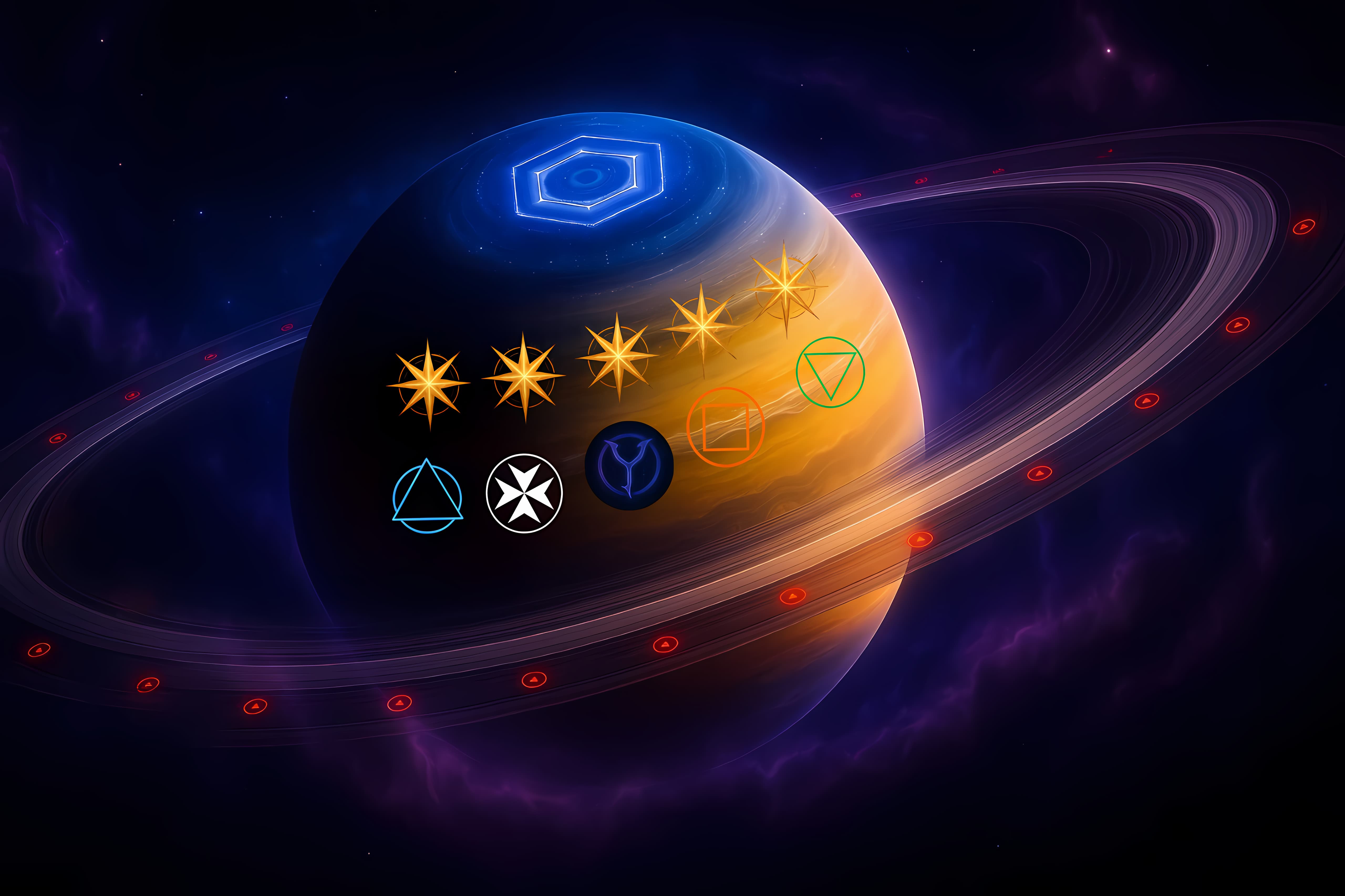 Stylized cosmic illustration of Saturn with glowing rings and symbolic glyphs orbiting the planet, representing the structure and hierarchy of the Cirqus Heresy order.
