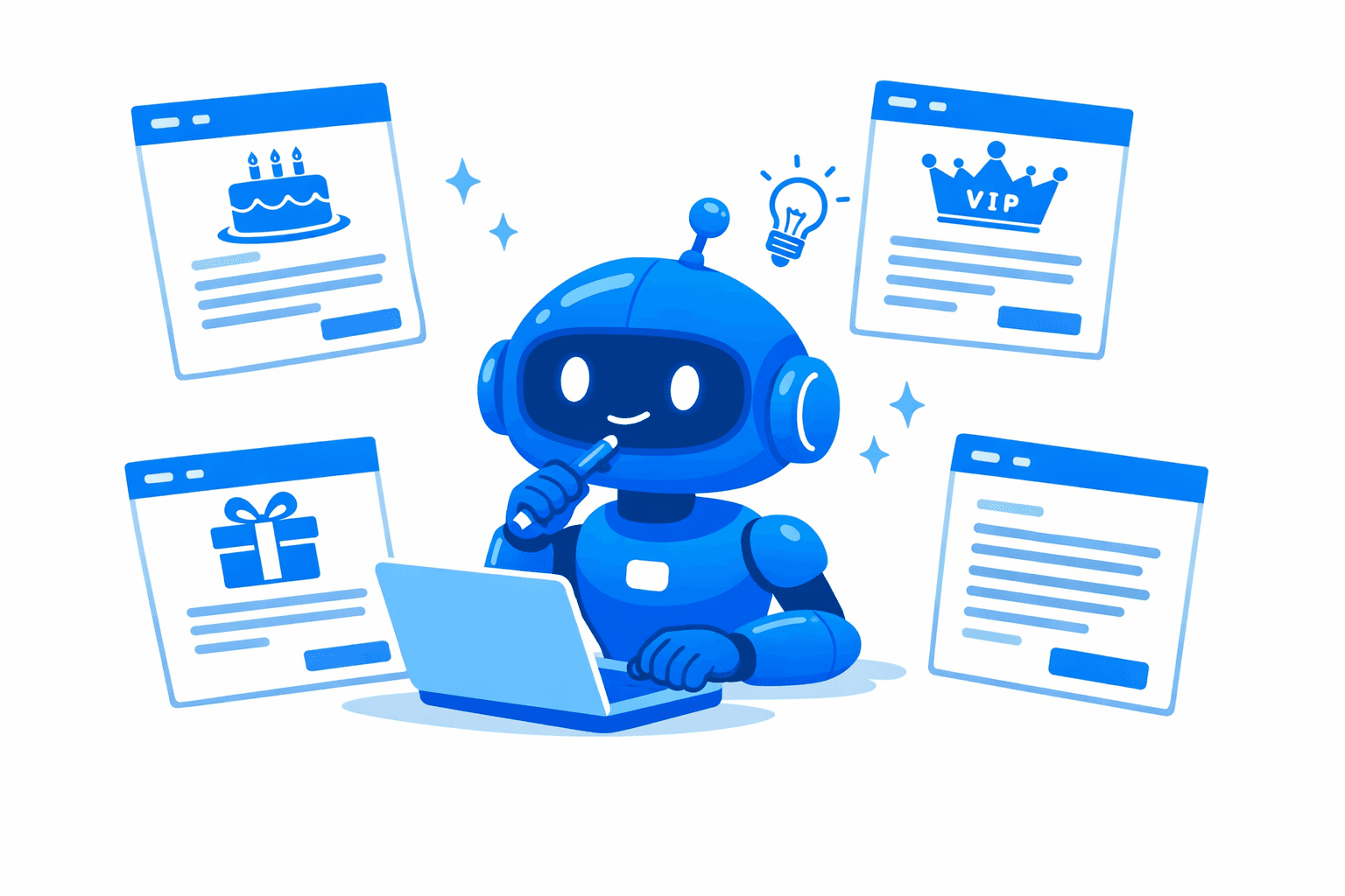 Robot AI creando emails personalizados con íconos de pastel de cumpleaños, corona VIP y regalos flotando alrededor