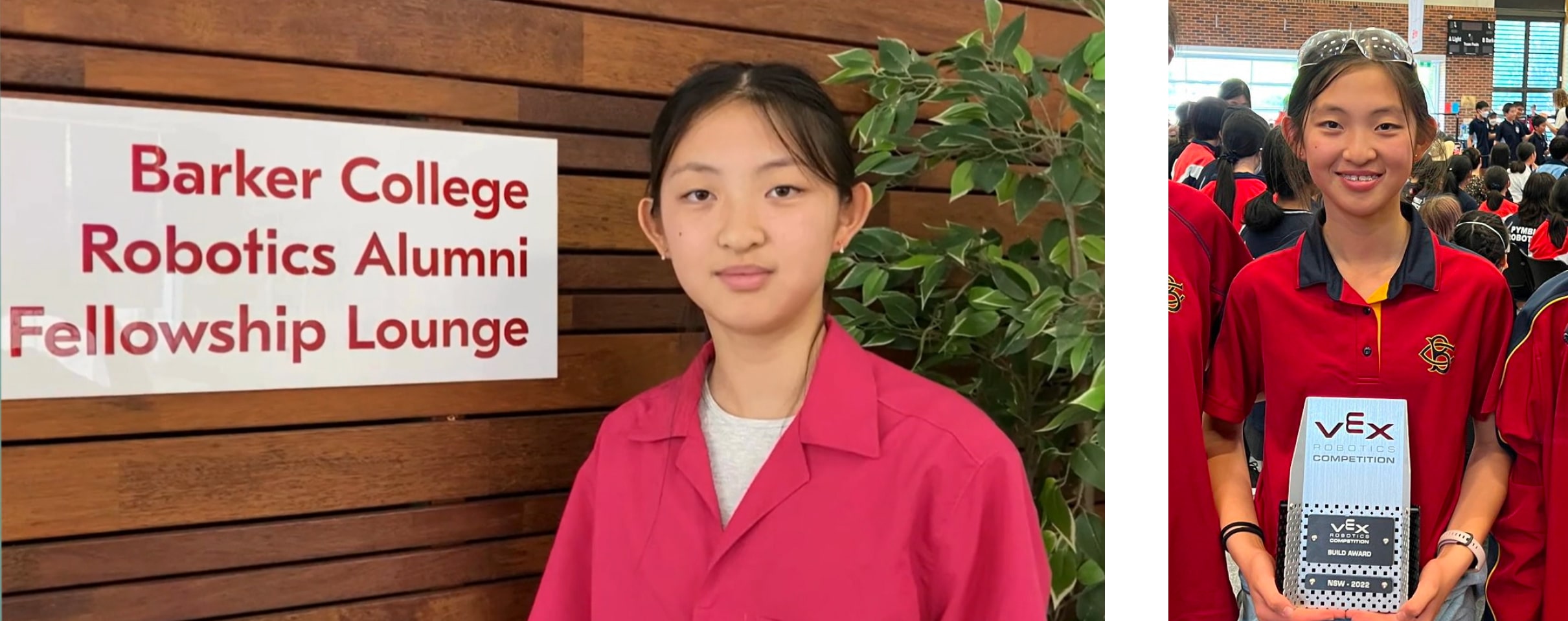 Jiaqi at the 'Barker College Robotics Alumni Lounge' and holding a trophy of a VEX award her robotics team won