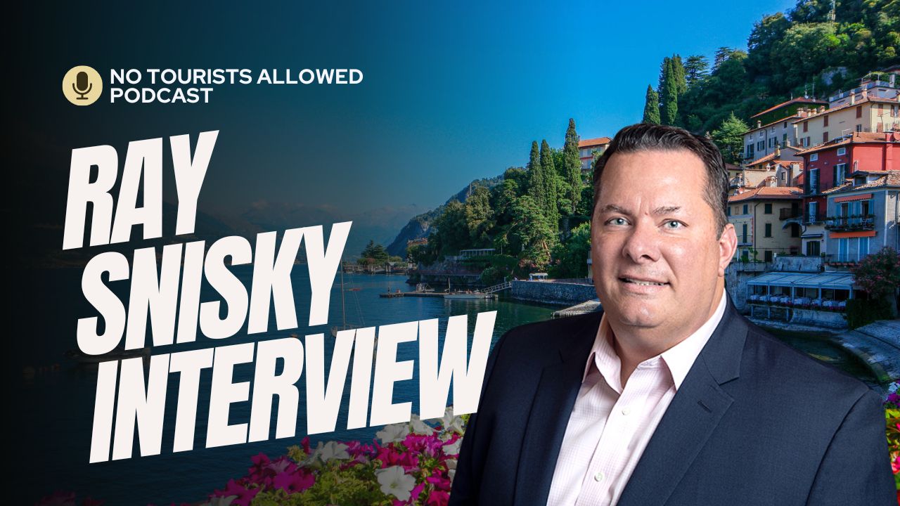 An image of a boat floating with the caption "FLOATING CITIES" above Mike Putman and James Ferrara, the No Tourists Allowed Podcast Hosts