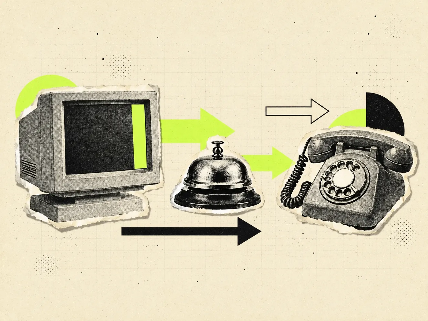 Colagem vintage: monitor de tubo, campainha de balcão e telefone de disco, o chat com IA dentro do app SaaS