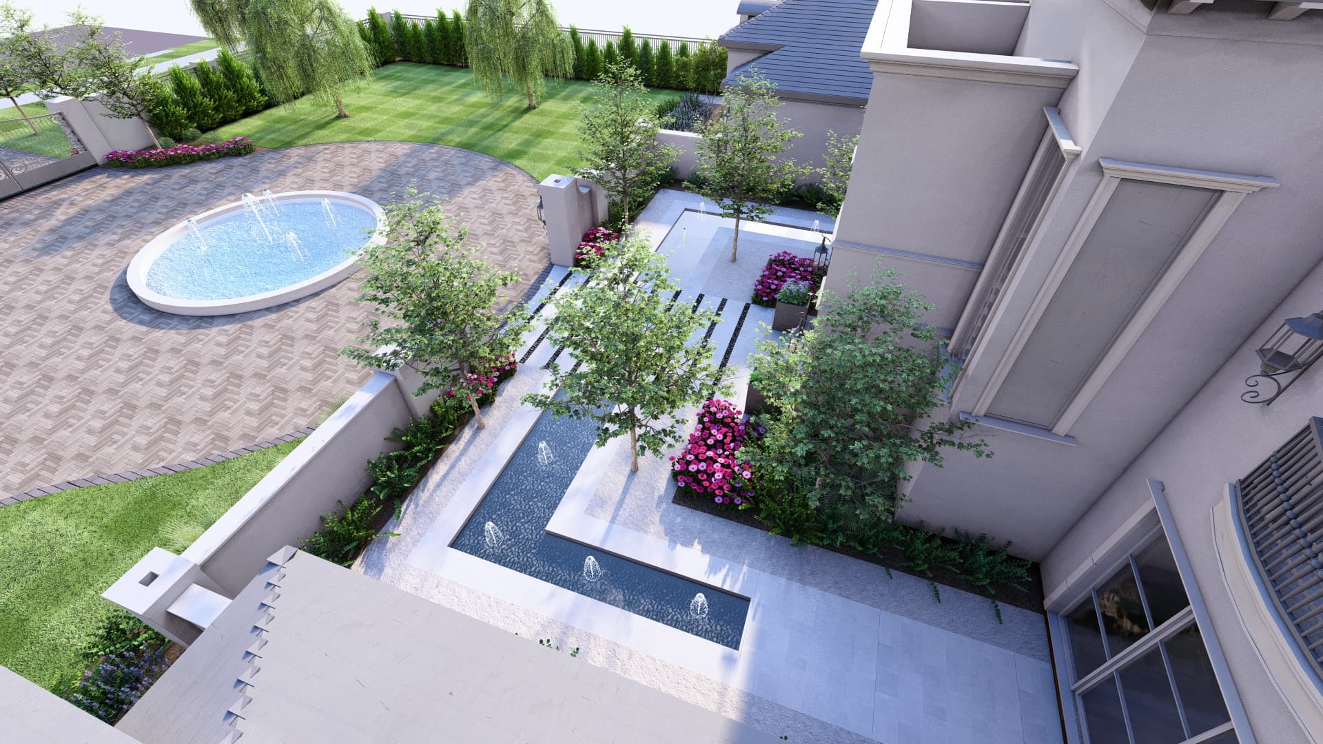 Water features design featuring various fountains. Designed by Blount Designs for Southlake estate.