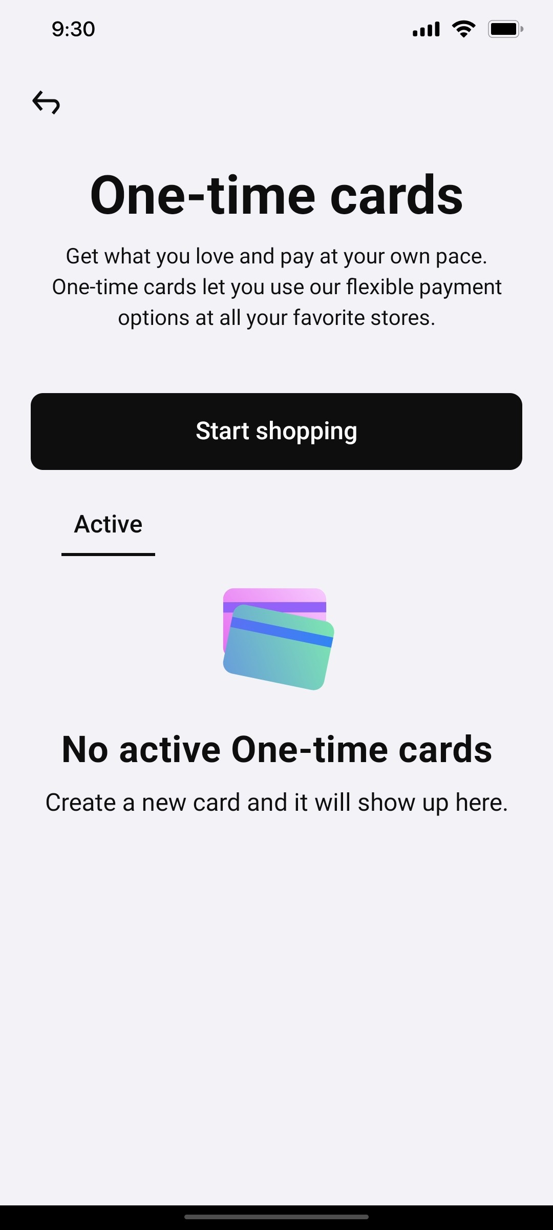 Klarna Start Shopping active Page Screen