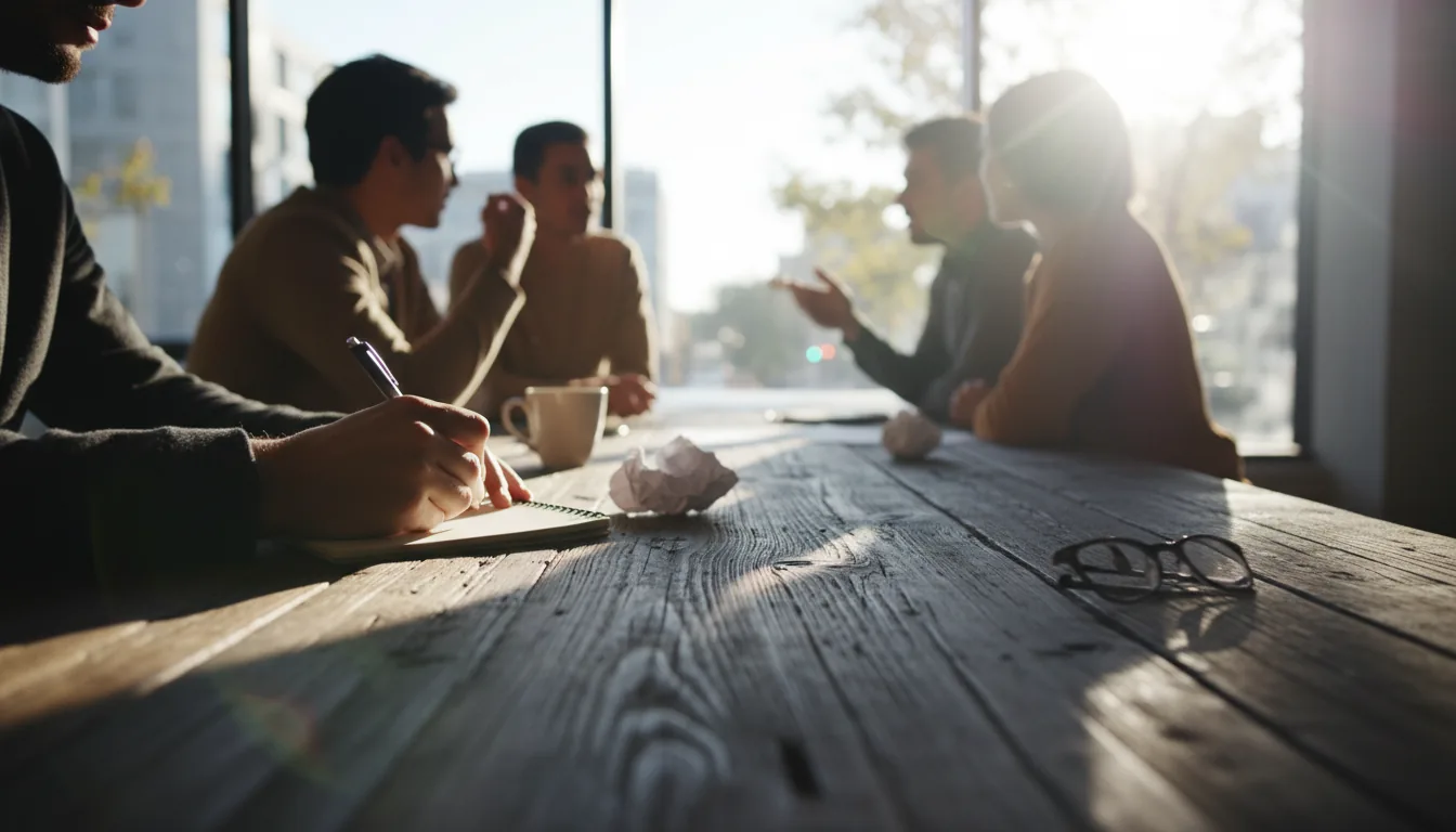 DSLR photography of a collaborative meeting, low-angle shot along a rustic dark wood plank table. The foreground is in sharp focus, capturing a person's hands writing with a pen in a small notepad. Further down the table, other people are seated in discussion, their forms softly blurred by a shallow depth of field. Bright, natural daylight streams from a background window, creating cinematic contrast with strong highlights and a significant bokeh effect.