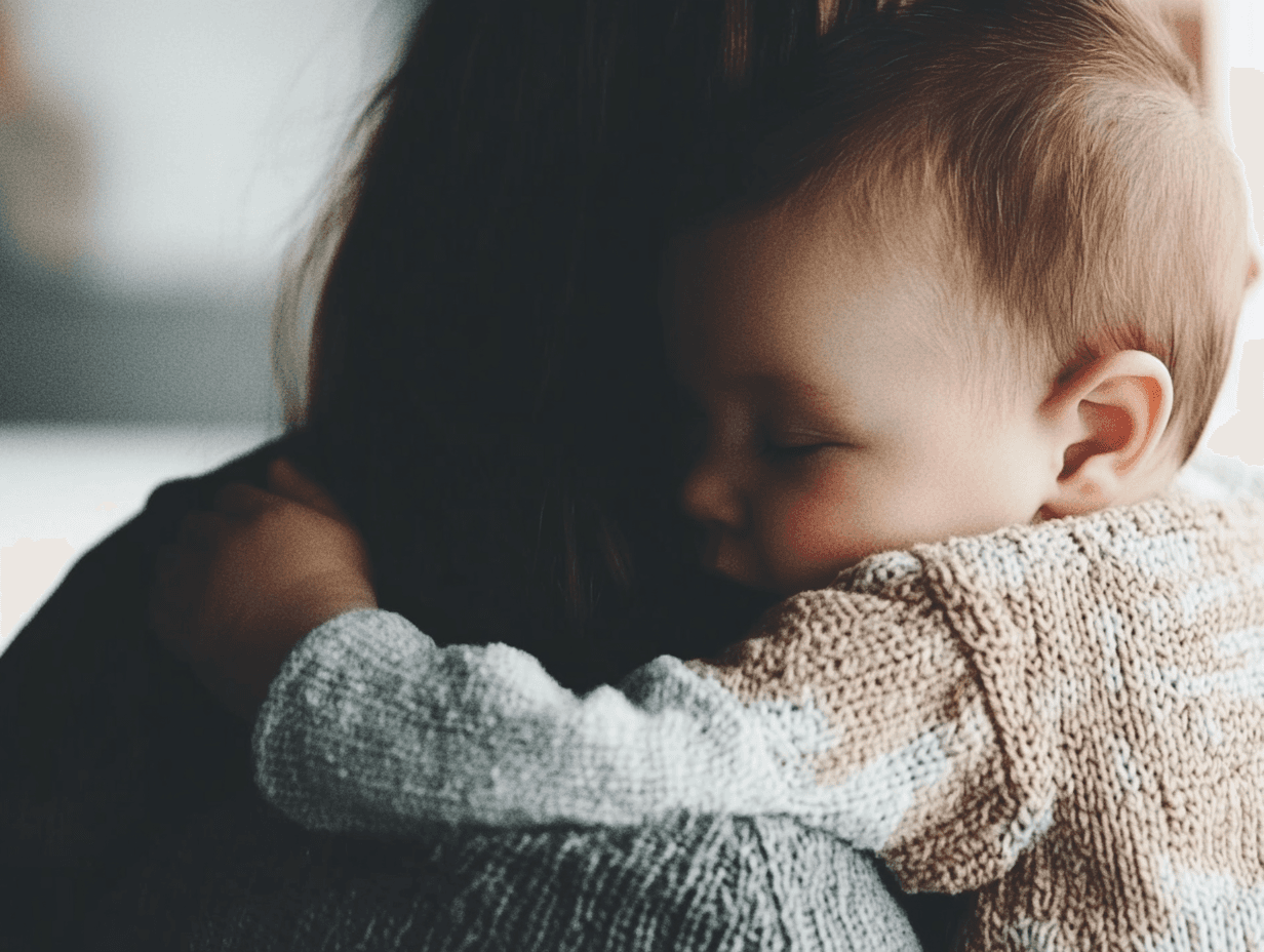 tired baby cuddling mom