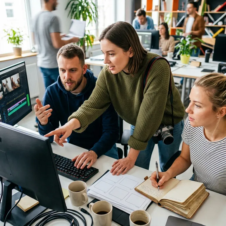 Équipe de consultants en atelier de travail analysant des graphiques de performance et des tableaux de bord sur plusieurs écrans, illustrant notre expertise en Marketing digital et acquisition de leads pour proposer des outils pilotés par la donnée.