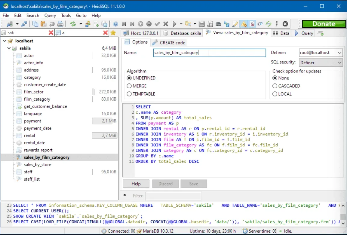 The HeidiSQL interface.