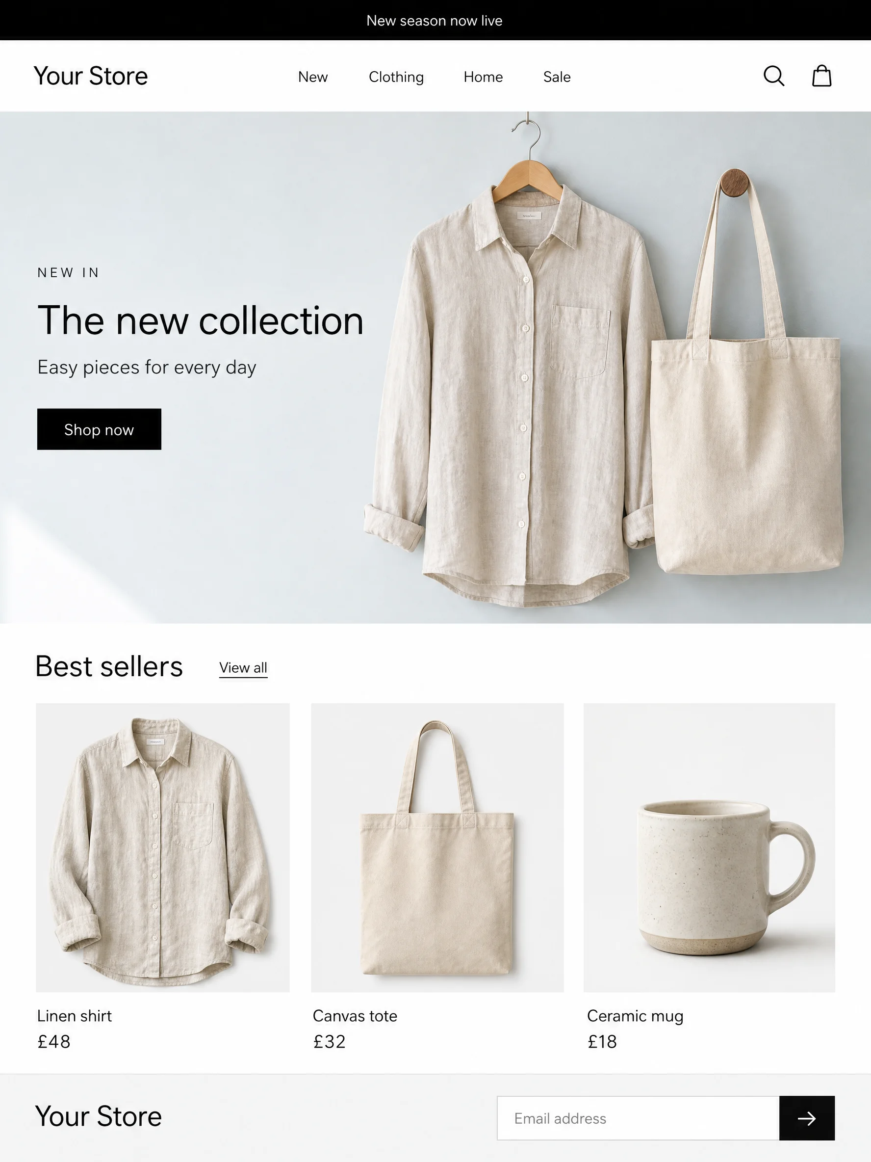 Home page of Your Store, an example lifestyle store with a custom Shopify theme in the Clean style, shown on a tablet