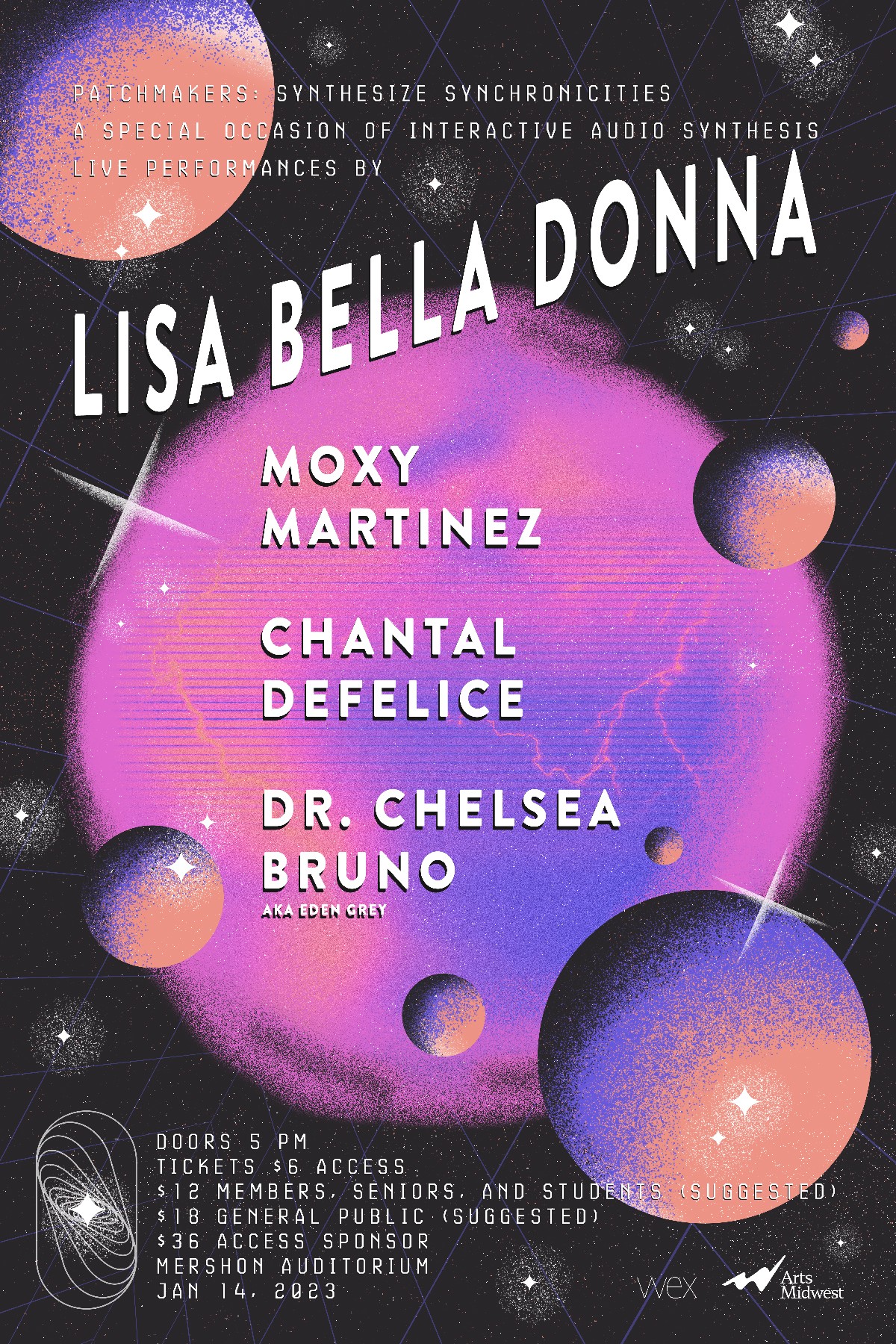 A cosmic-themed event poster for "Patchmakers: Synthesize Synchronicities," featuring a special occasion of interactive audio synthesis with live performances by Lisa Bella Donna, Moxy Martinez, Chantal Defelice, and Dr. Chelsea Bruno (aka Eden Grey). The background showcases a stylized outer space scene with colorful planets, glowing nebulae, and a starry sky. Event details at the bottom list the venue as Mershon Auditorium on January 14, 2023, with ticket pricing and access options. Logos for Wex and Arts Midwest appear in the lower right corner.