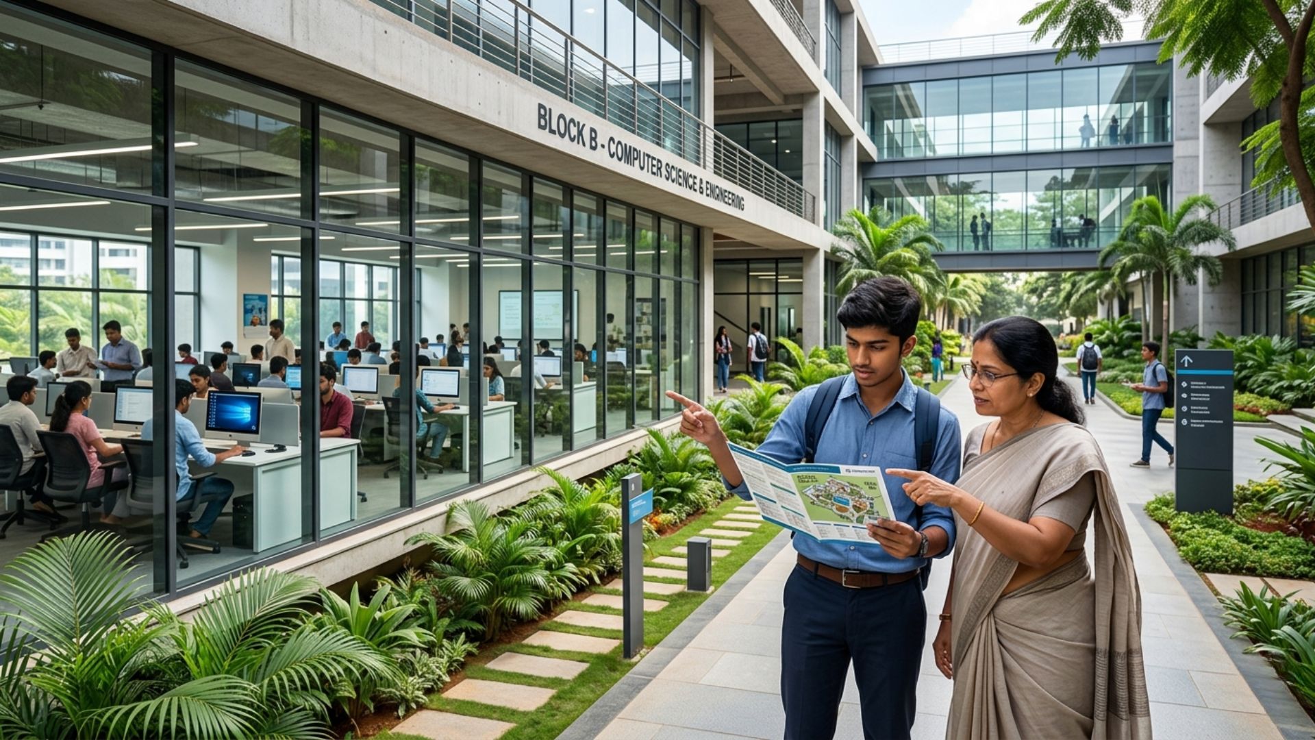 Parent and student exploring campus facilities while evaluating the best engineering colleges for my child