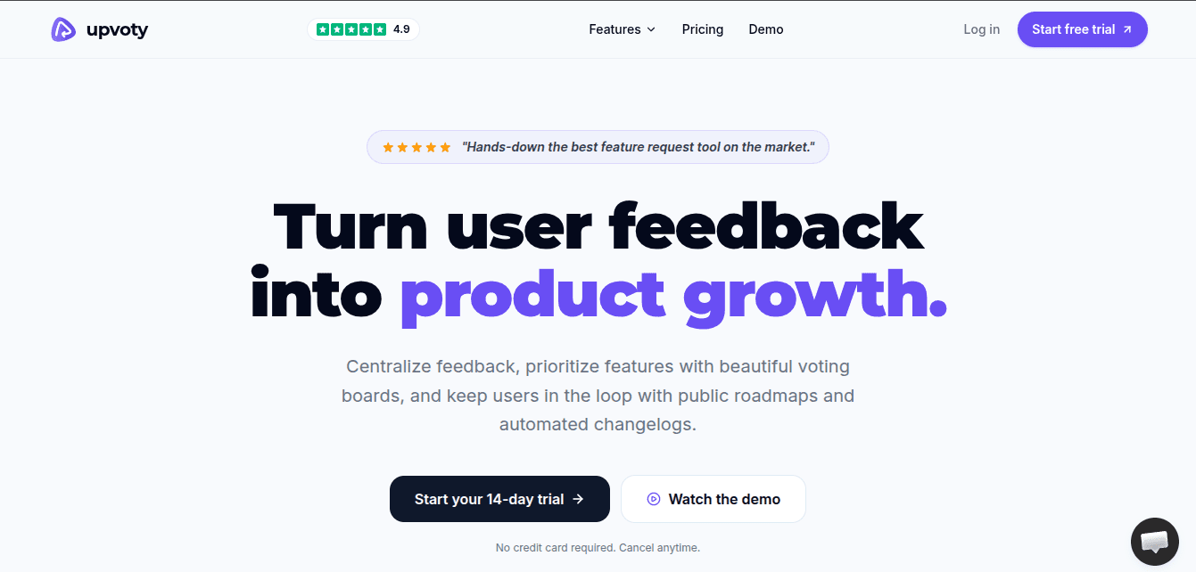 Upvoty homepage: voting board and roadmap tool with custom branding and Upvoty MCP