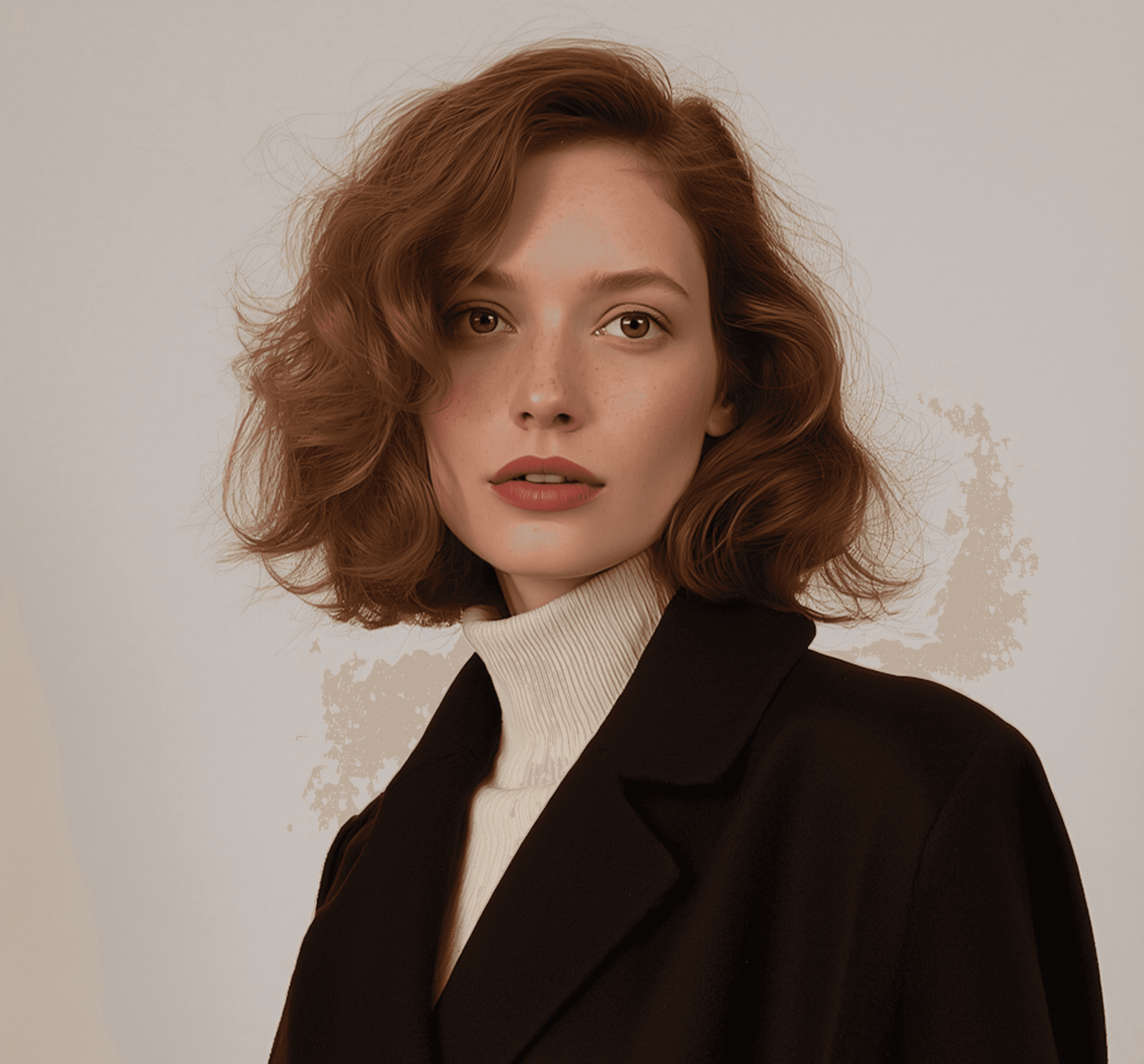 Person with auburn hair in black coat and turtleneck