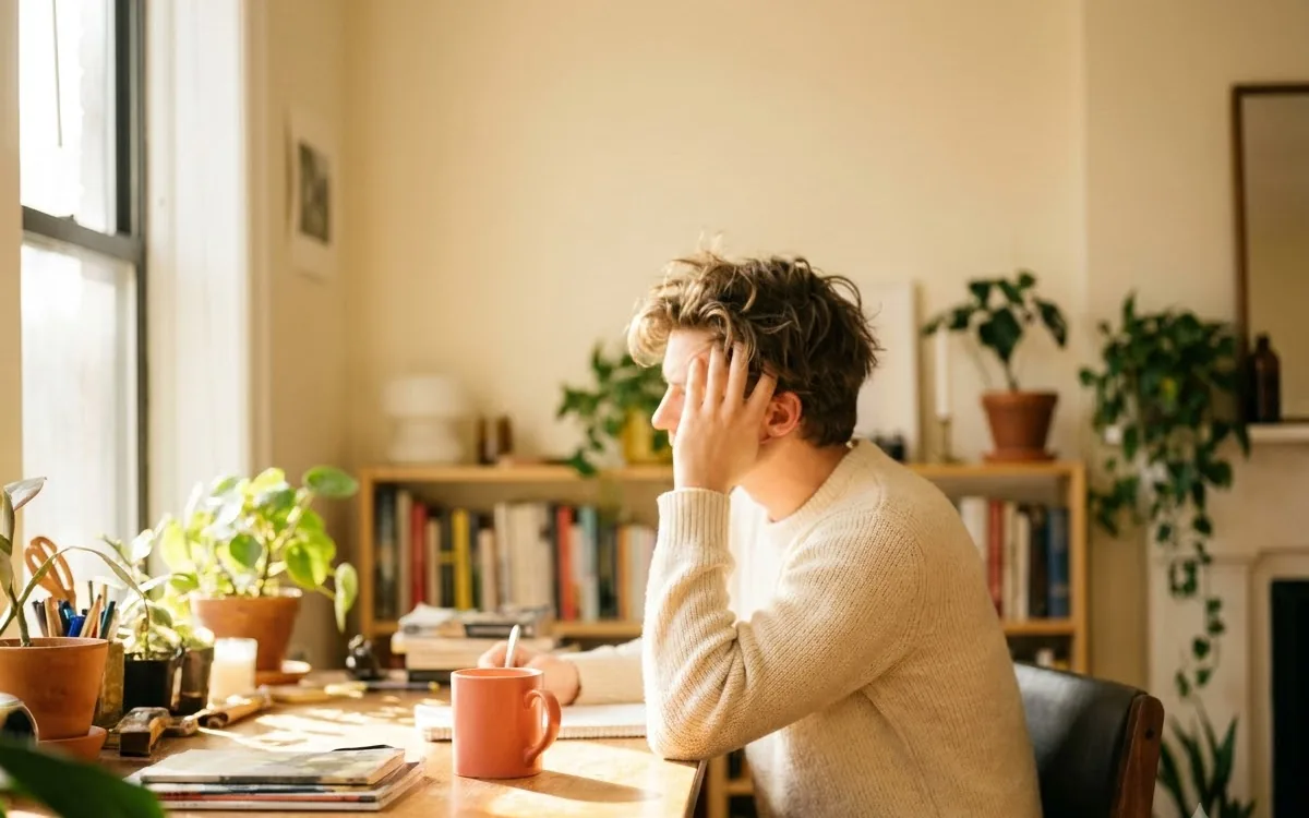 A person thinking at a desk by a window