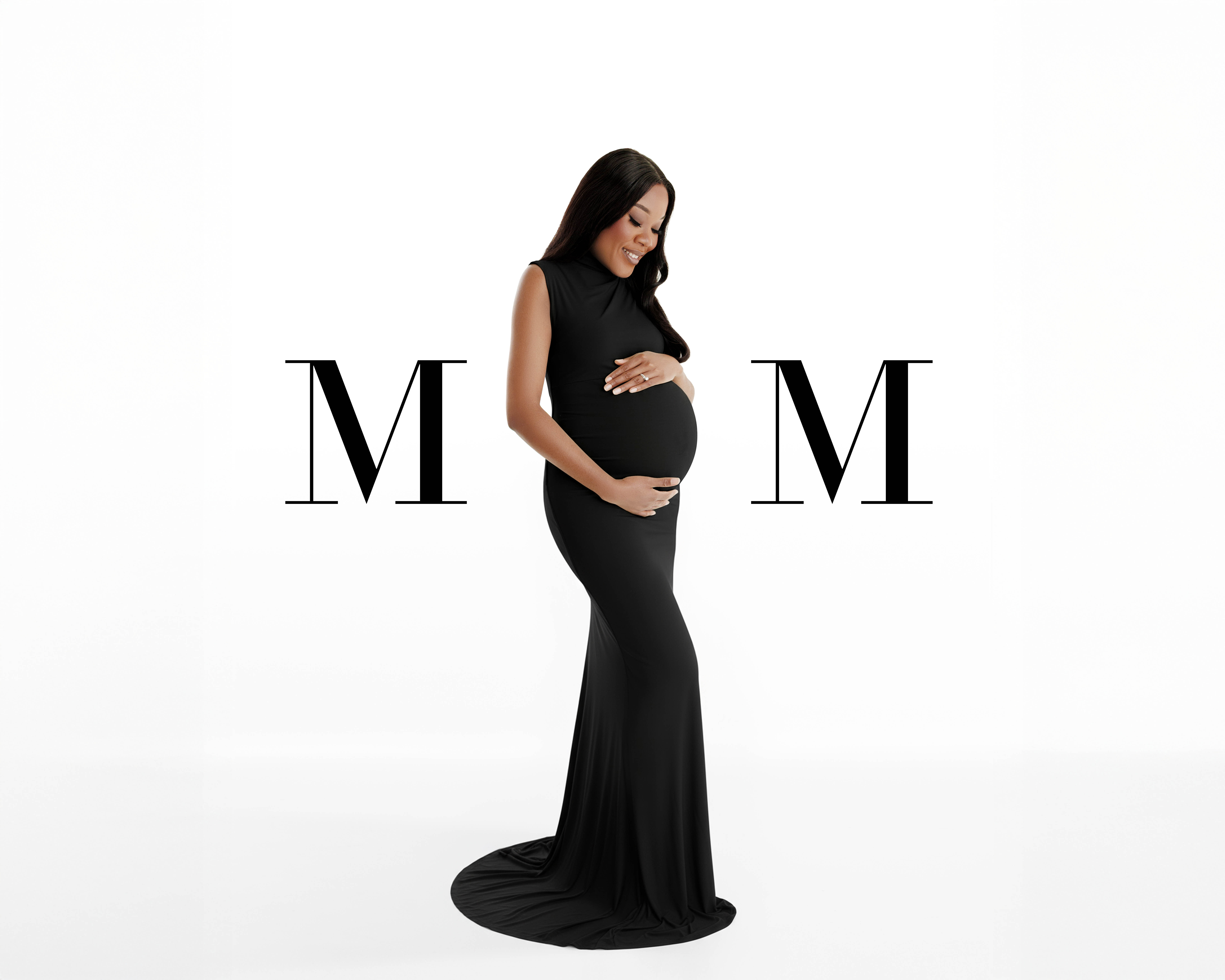 Expecting mom getting ready for maternity photoshoot — choosing dresses and preparing in Bloom N’ Baby Studio.