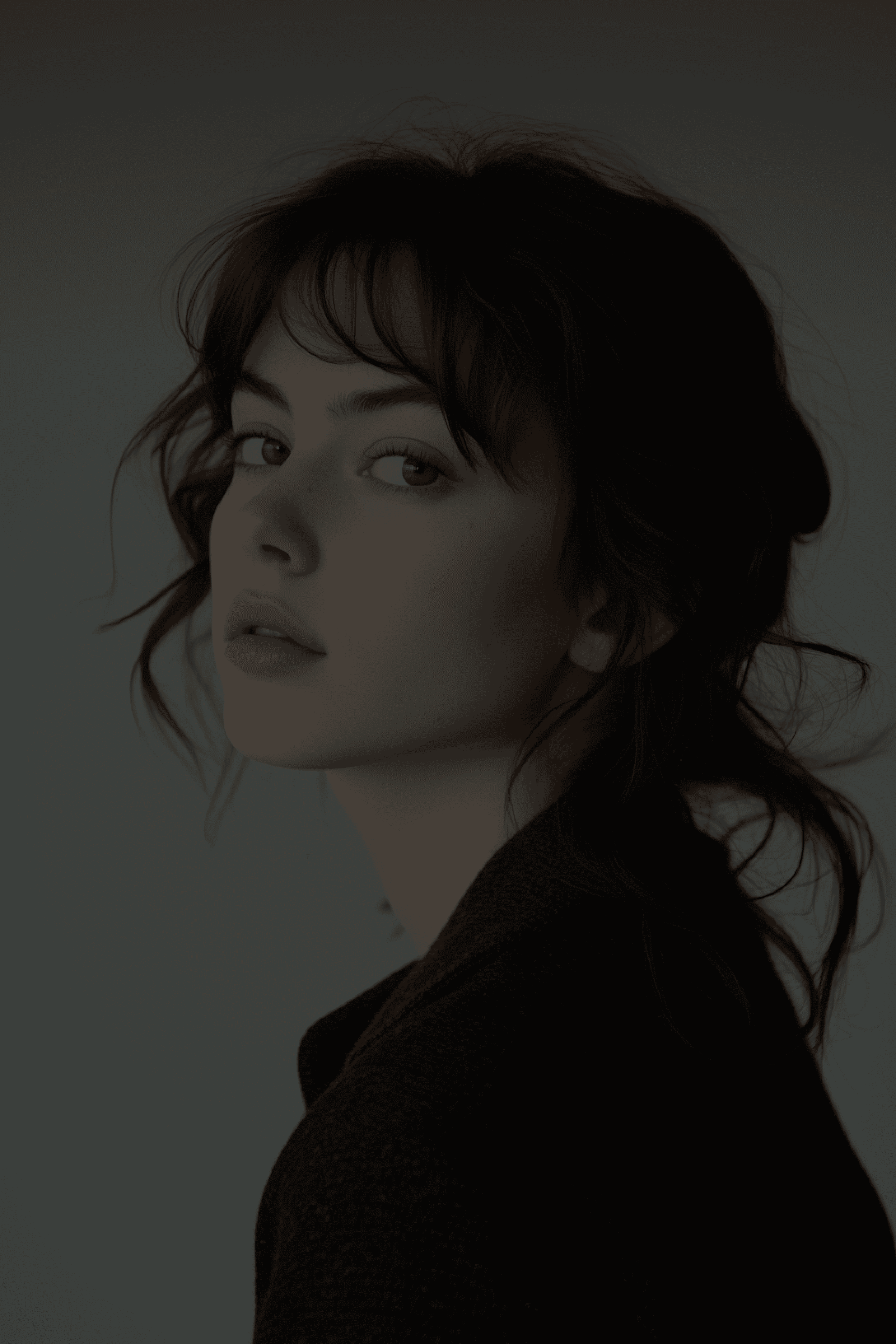 Close-up portrait of a young woman with dark hair and eyes, looking over her shoulder.