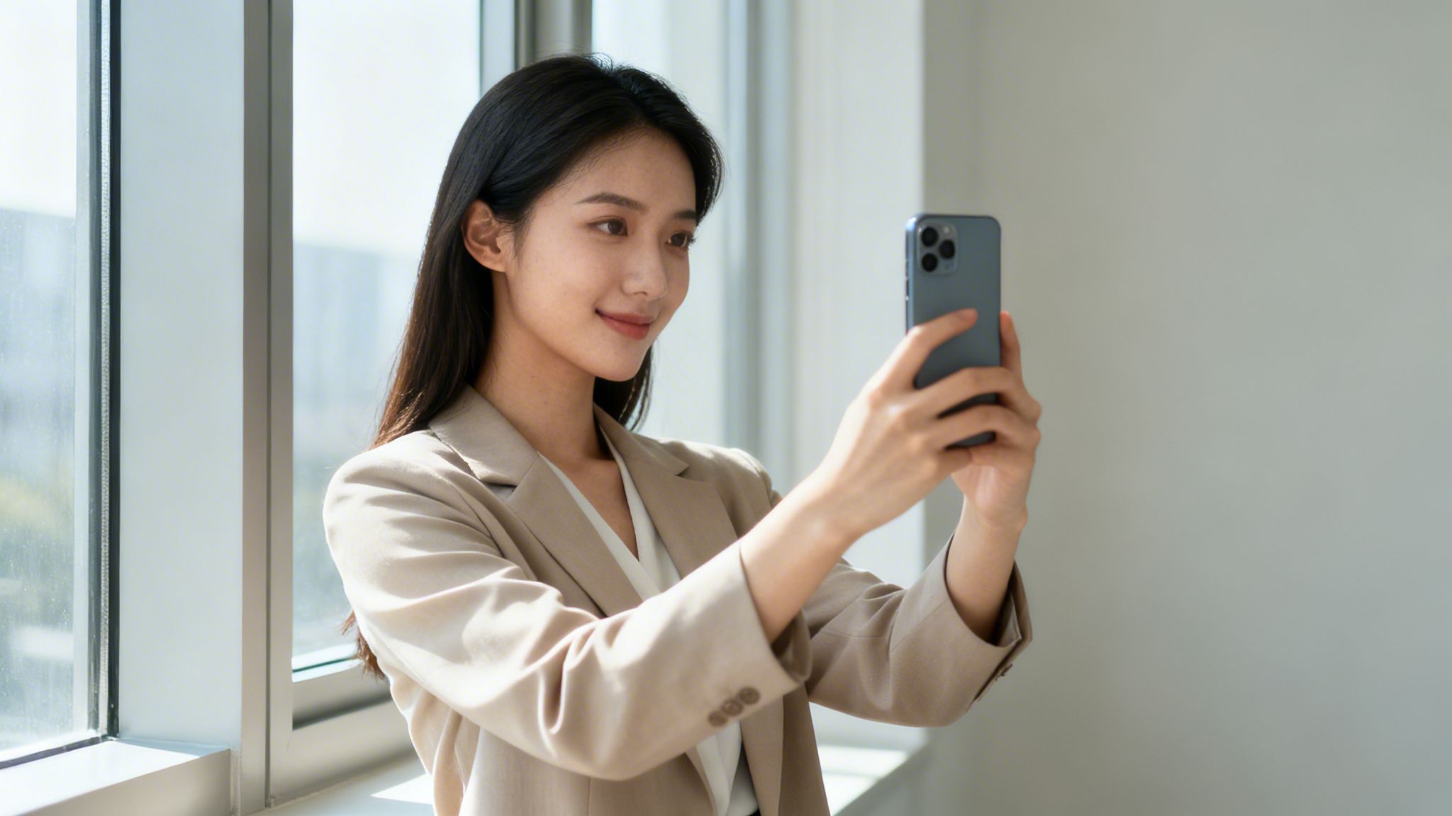 Junge asiatische Geschäftsfrau lächelt und fotografiert mit Smartphone am Fenster in einem modernen Büro.