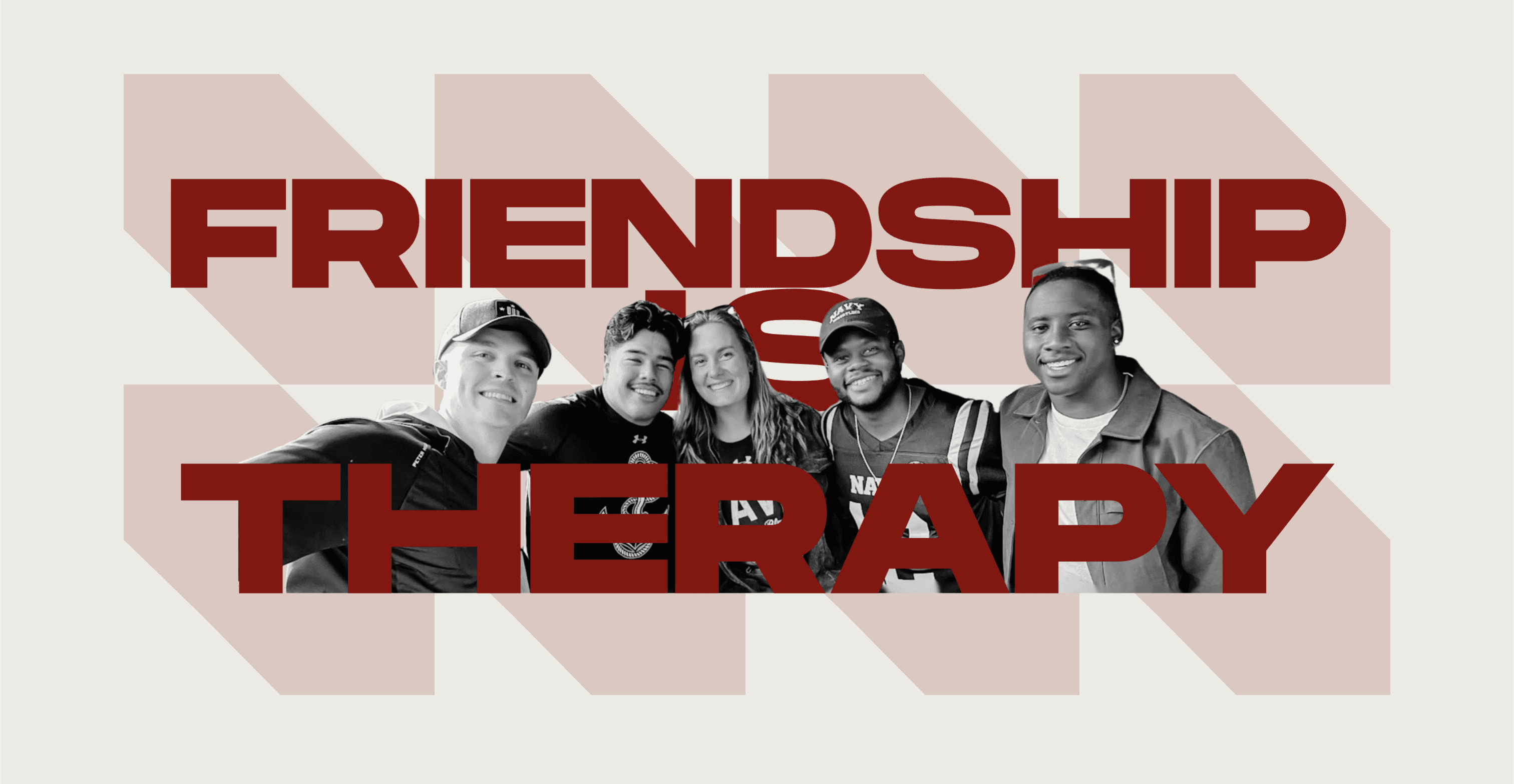 Graphic for TheOfficerClubX featuring the phrase 'Friendship is Therapy' with a group photo of military officers and friends, emphasizing camaraderie and meaningful connections within the community.