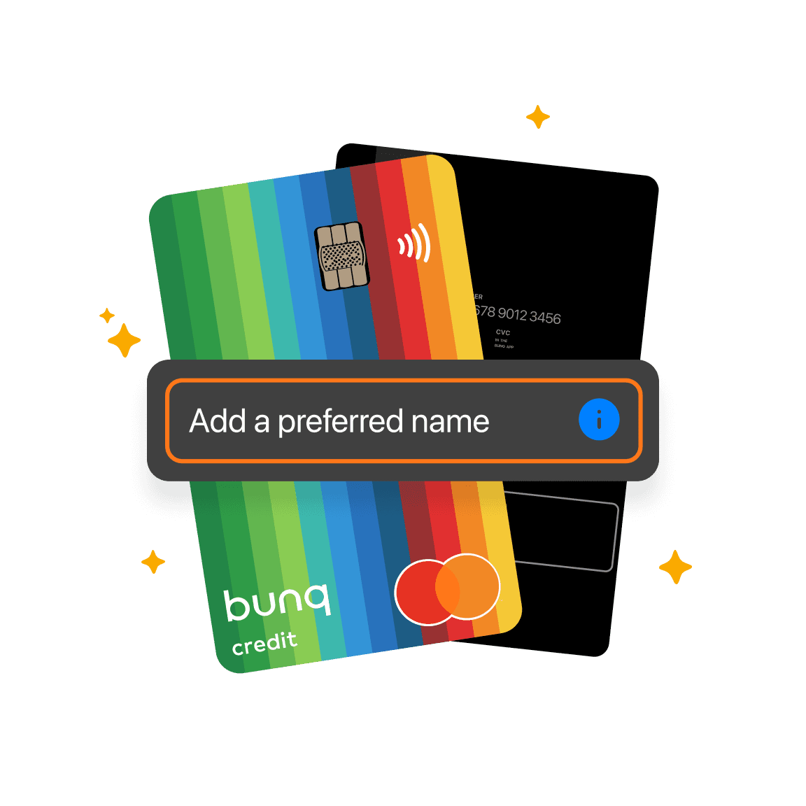 Image shows a text box prompting for a name, with colorful card designs in the background.