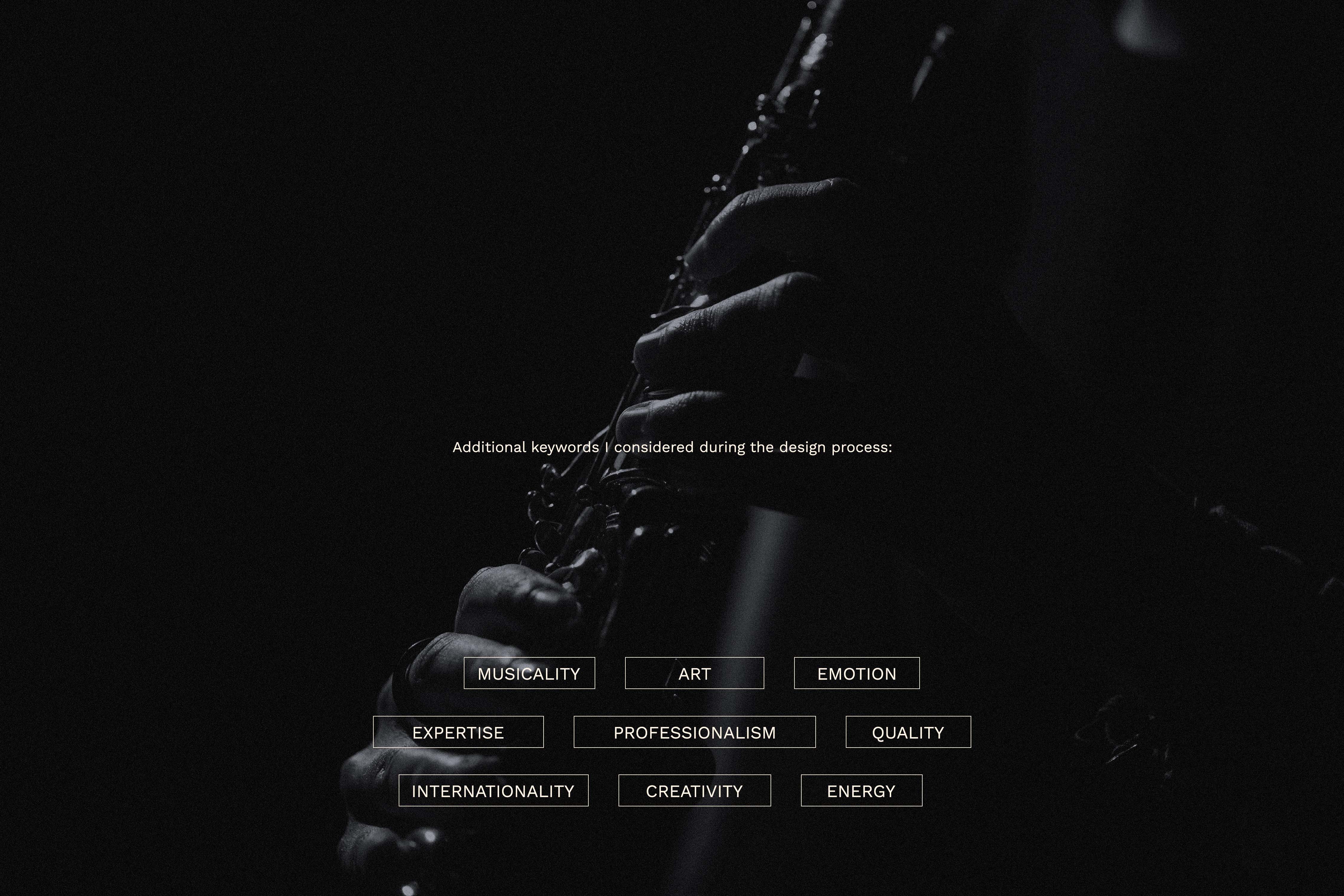 Clarinet close-up in moody lighting with additional brand keywords in pill-shaped labels - MÁV Symphony Orchestra, a symphony orchestra brand identity.