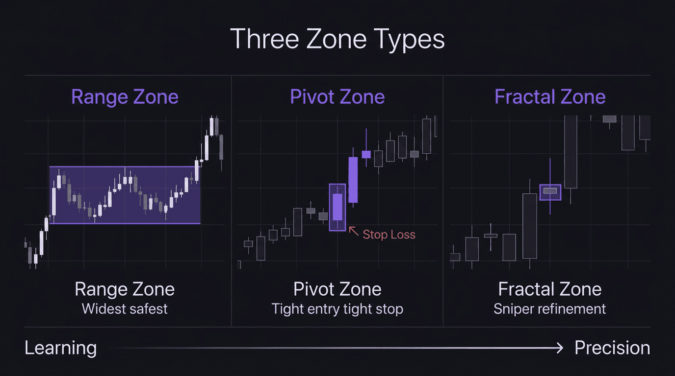 Three supply and demand zone types compared: range zone widest, pivot zone tight entry, and fractal zone sniper refinement