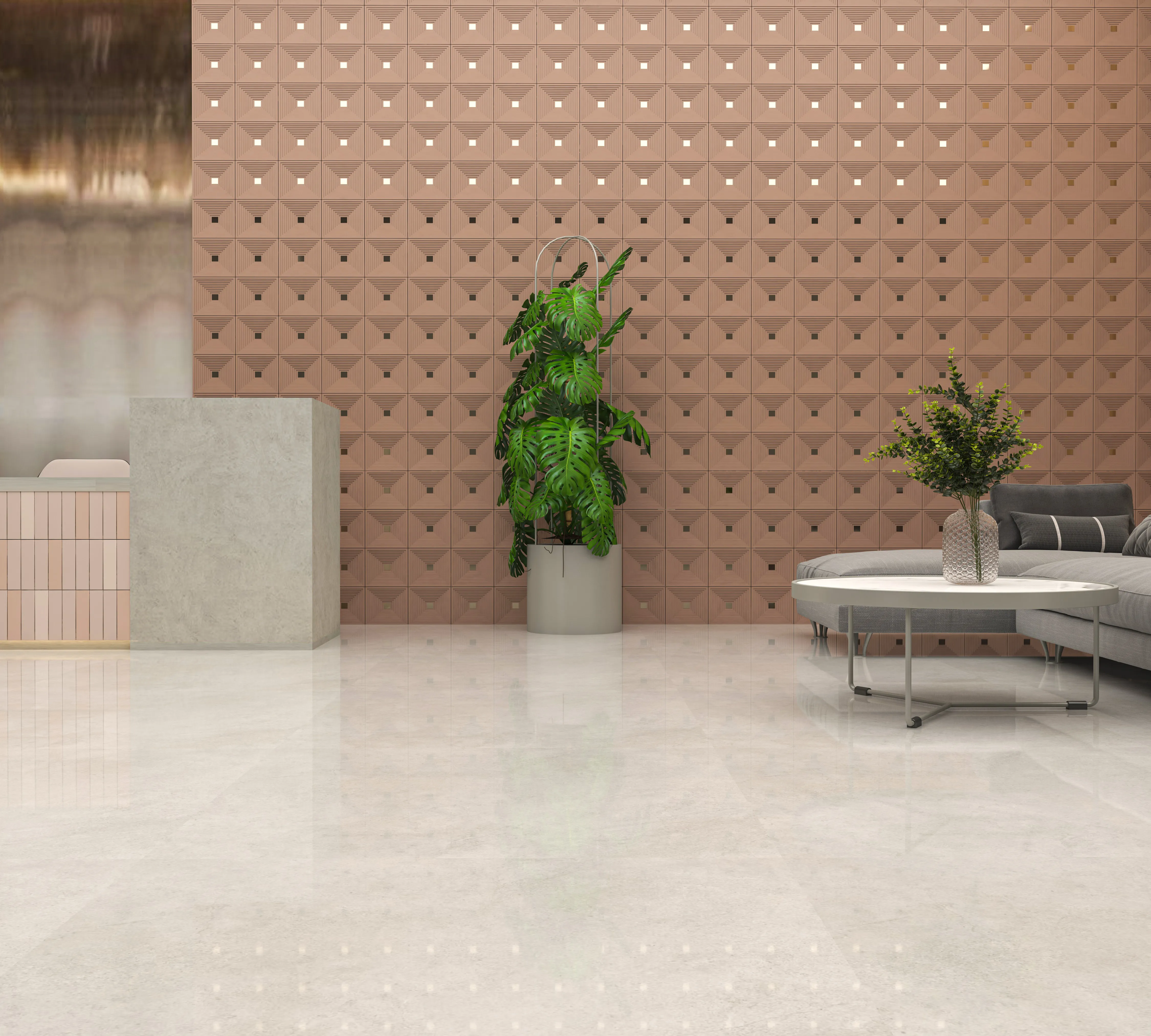 Minimalist ofis resepsiyonu: Pudra tonlarında DEEP 20x20 beton panel duvar tasarımı