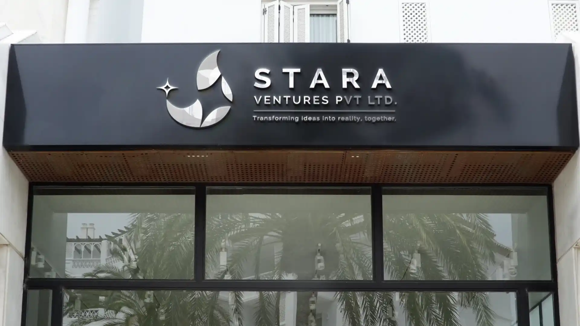Stara Ventures logo signage on corporate office storefront