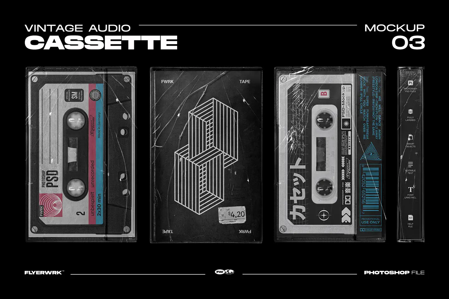 Vintage audio cassette mockup with cracked plastic overlays and retro-inspired black and white aesthetics.