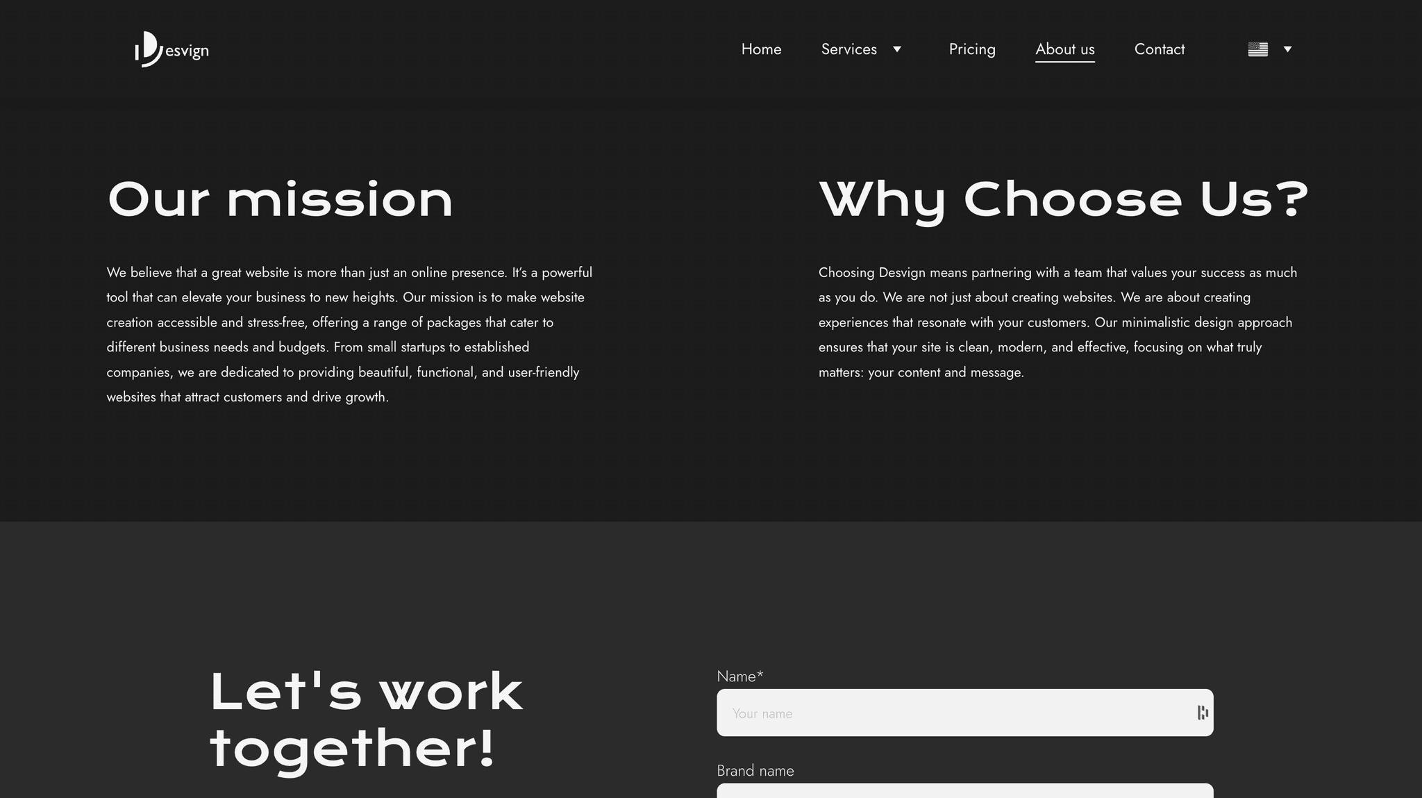 Screenshot of Desvign’s ‘Our mission’ and ‘Why Choose Us’ sections on a dark background, highlighting the company’s commitment to accessible, functional websites and a customer-focused design philosophy.