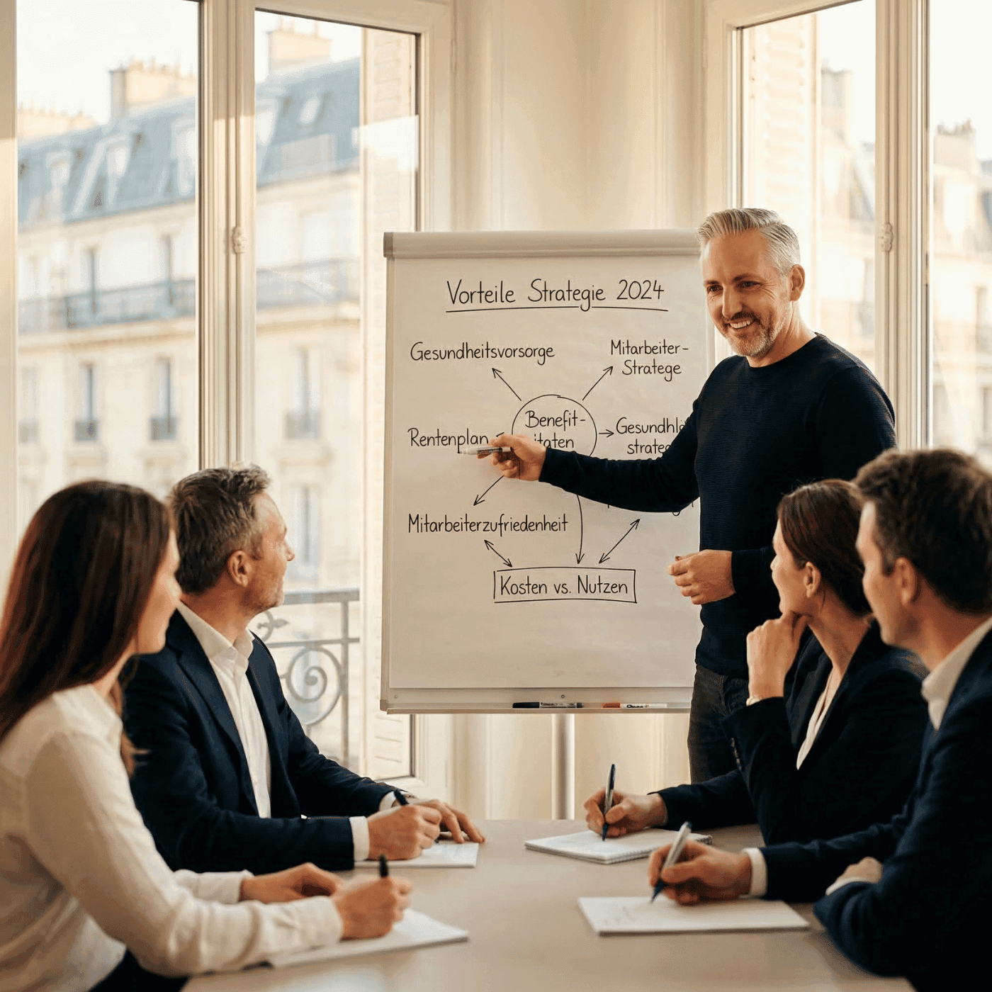 Berater präsentiert Benefits-Strategie am Whiteboard — Mitarbeiter-Benefits für den Mittelstand