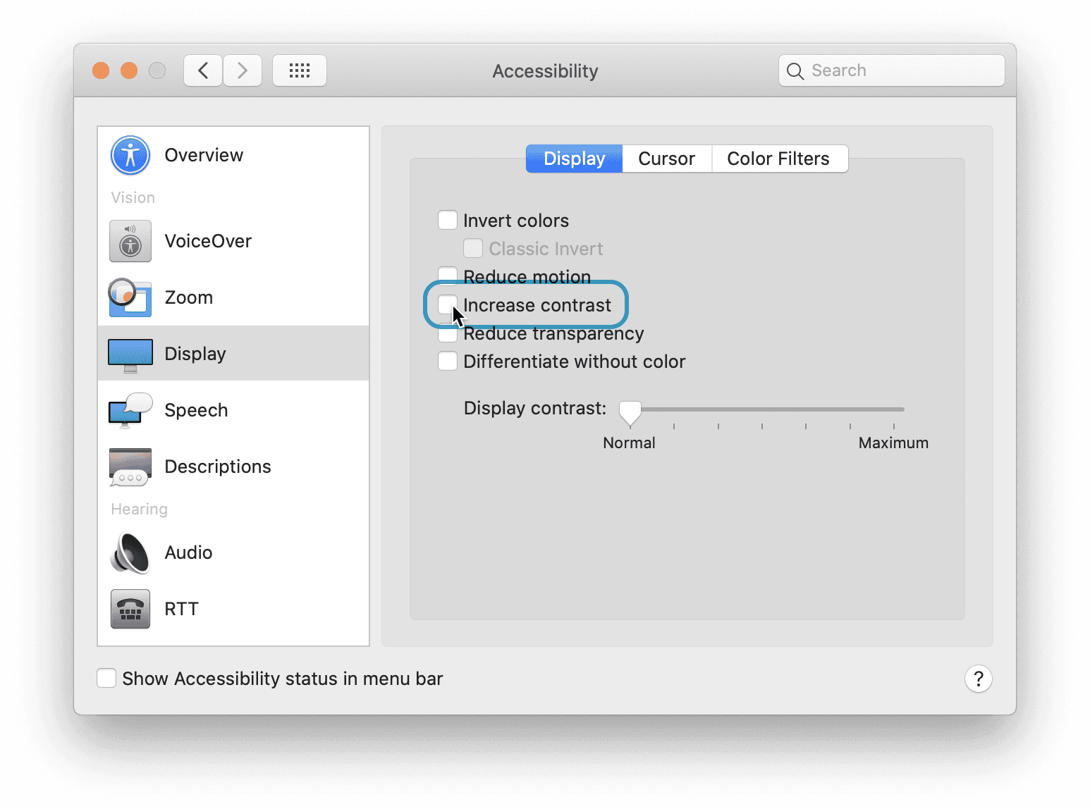 macOS System Preferences window with highlighted Increase Contrast checkbox