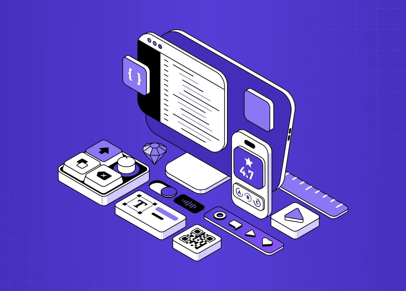 Isometric illustration of digital product UI elements including mobile screens, controls, ratings, and interactive components. 