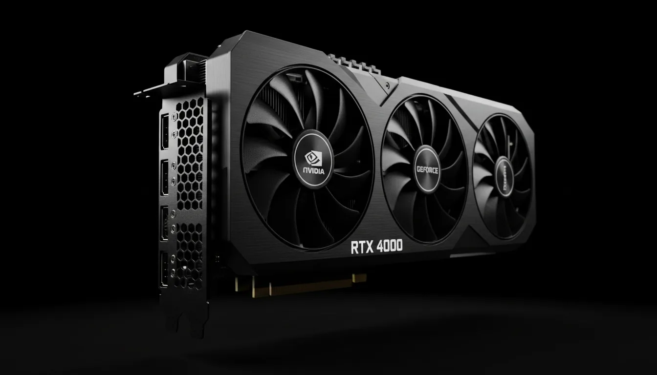 Professional product shot of an Nvidia GeForce RTX 4090 graphics card, DSLR close-up, angled low three-quarters view. Soft studio lighting with cinematic contrast carves out the geometric shapes from a pure black background. The matte black metallic texture and heatsink fins are highly detailed, with sharp focus on the foreground and a shallow depth of field.