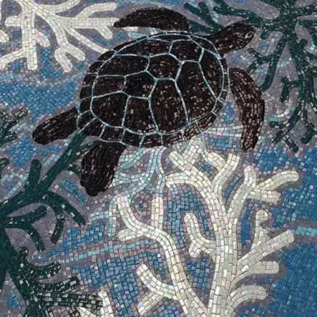 Turtle mosaic tile art featuring a detailed sea turtle on coral reef background.